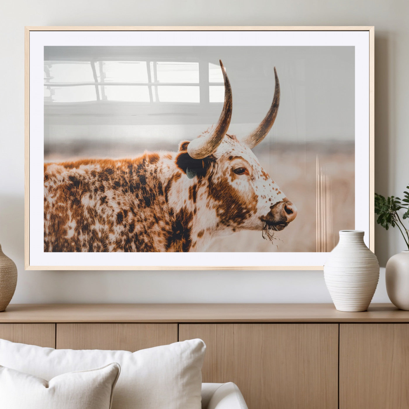 -Speckled Bull Wall Art Canvas Print – Rustic Cow Longhorn Farmhouse Animal Decor – Western Longhorn