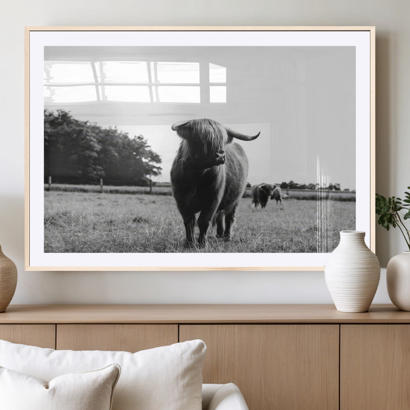 MGC-FP-36x24 - Black and White Highland Cow Wall Art Canvas Print | Rustic Western Decor for Living Room or Office,