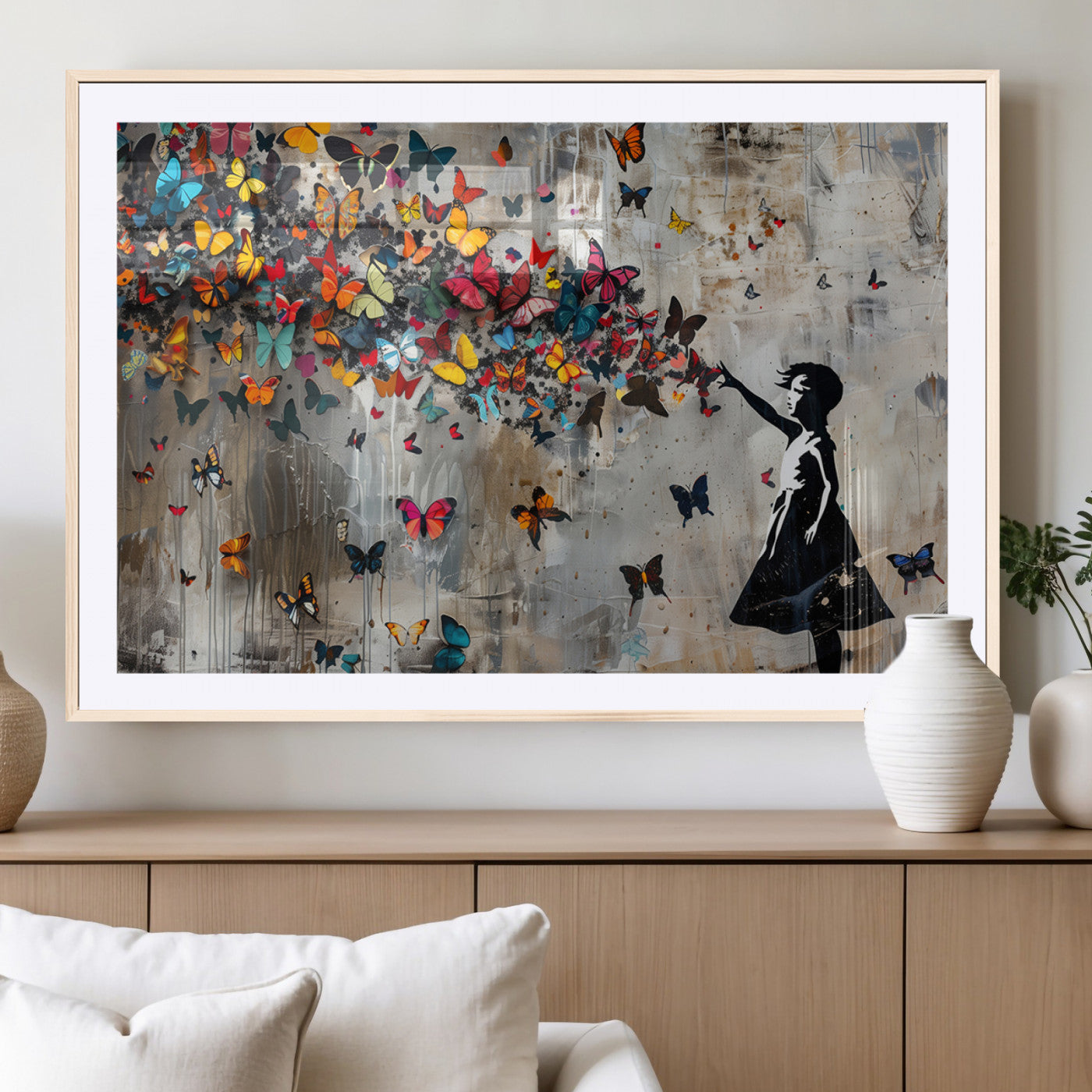 MGC-FP-36x24 - Banksy Wall Art - Banksy Girl and Butterfly Explosion Wall Art Canvas Print | Girl with Butterflies