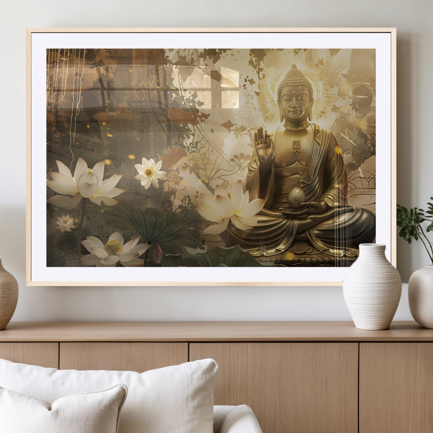 MGC-FP-36x24 - Zen Buddha Wall Art Canvas Print | Peaceful Meditation Decor with Lotus Flowers | Spiritual Serenity