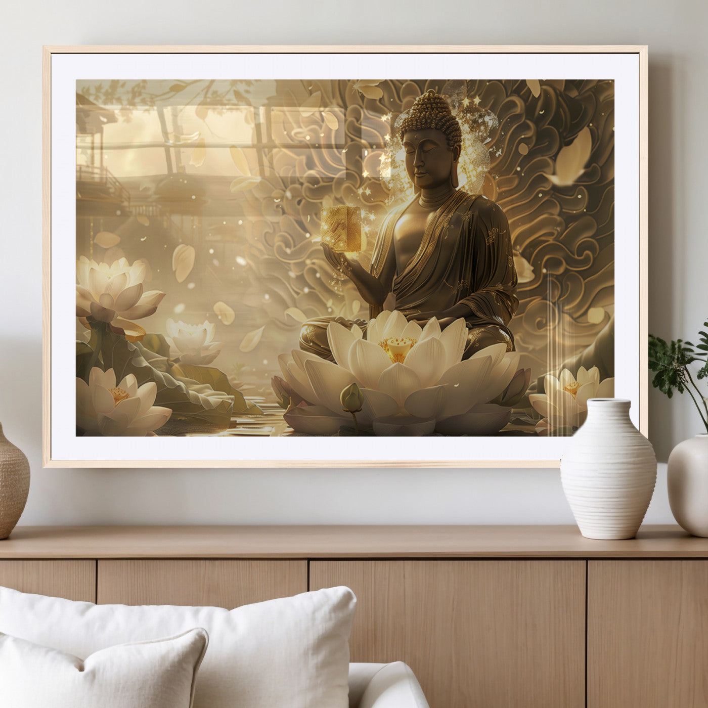 MGC-FP-36x24 - Golden Buddha Wall Art | Yoga Room Decor and Meditation Room Wall Art | Framed and Ready to Hang