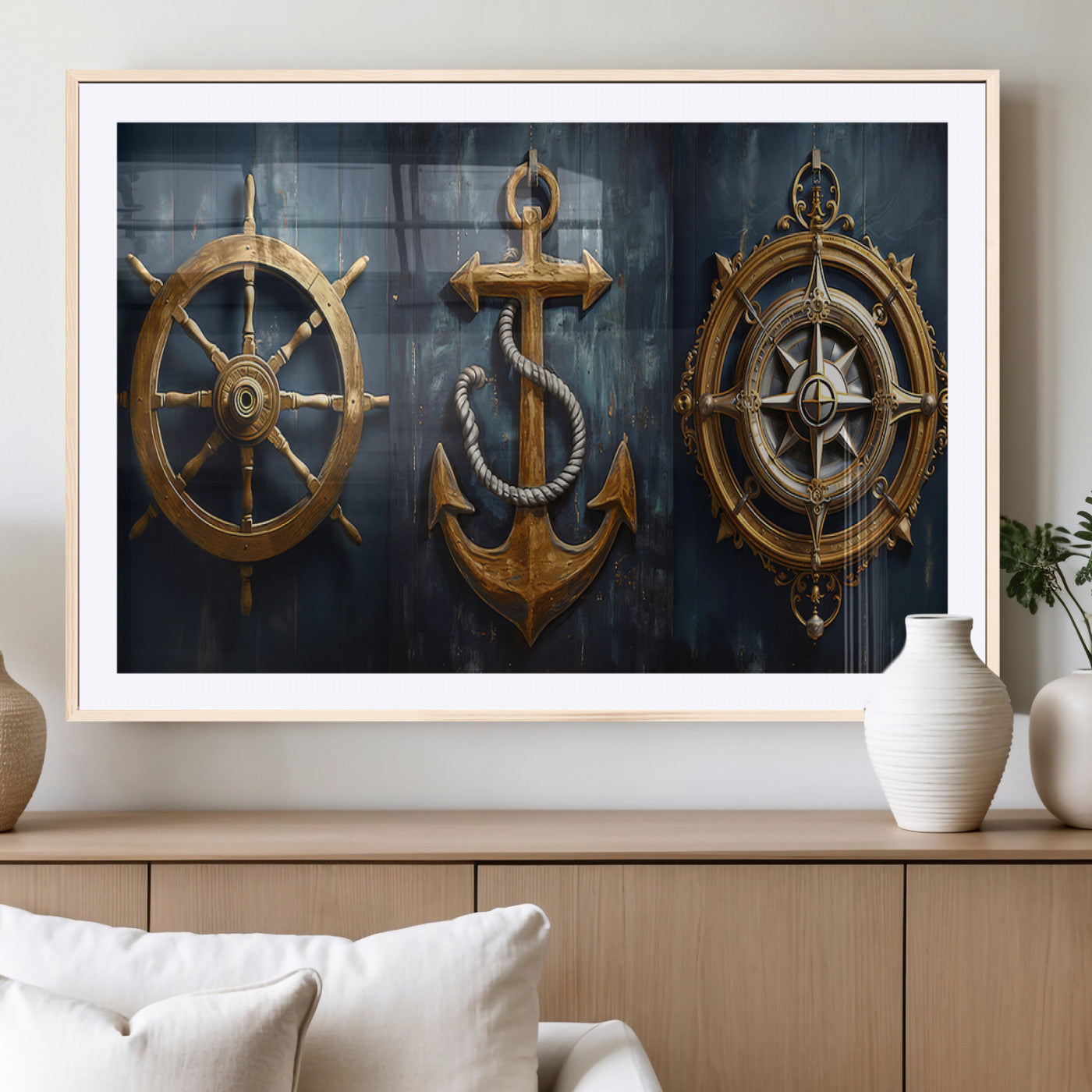 MGC-FP-36x24 - Boat Anchor Compass With Rope Wall Art Canvas Print | Beach House Wall Art