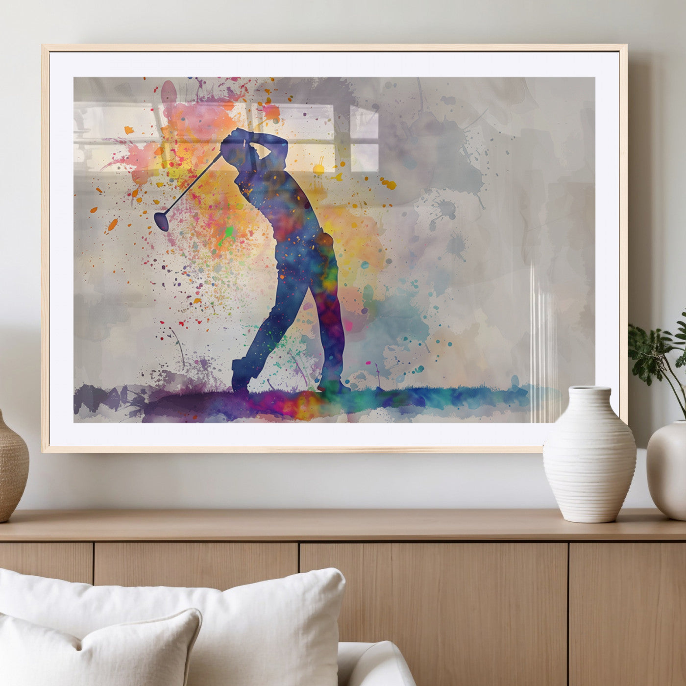 MGC-FP-36x24 - Watercolor Golf Swing Wall Art Canvas Print | Vibrant Abstract Golf Player Silhouette |