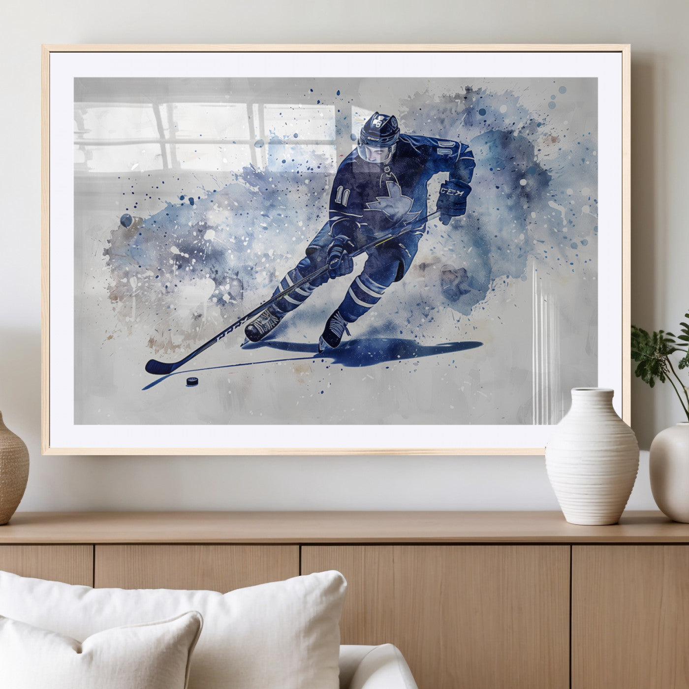 MGC-FP-36x24 - Hockey Player Wall Art Canvas Print - Sports-Inspired Watercolor Decor - Ready to Hang