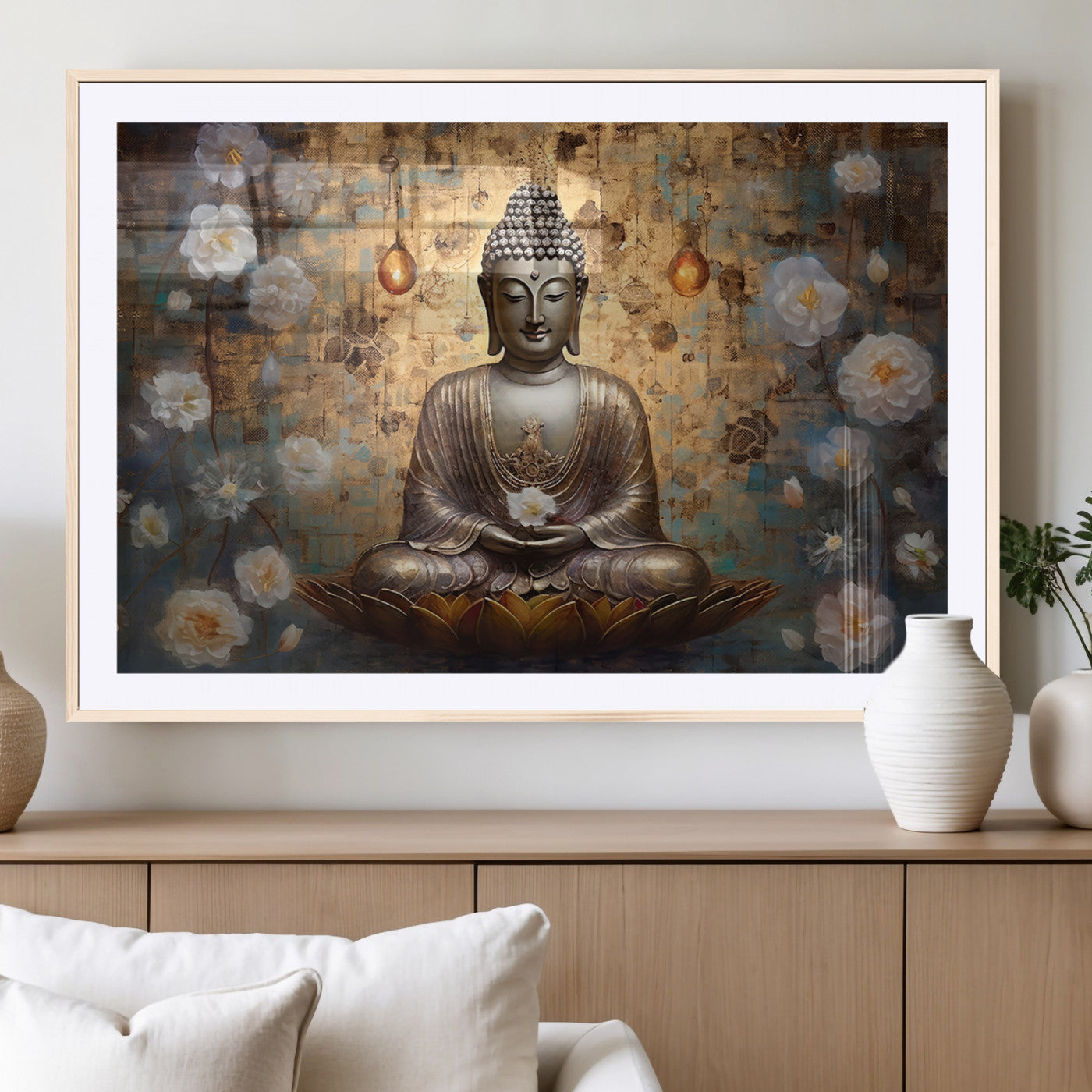 MGC-FP-36x24 - Golden Buddha Wall Art Canvas Print | Zen Meditation Floral Decor | Tranquil Spiritual Home Art |