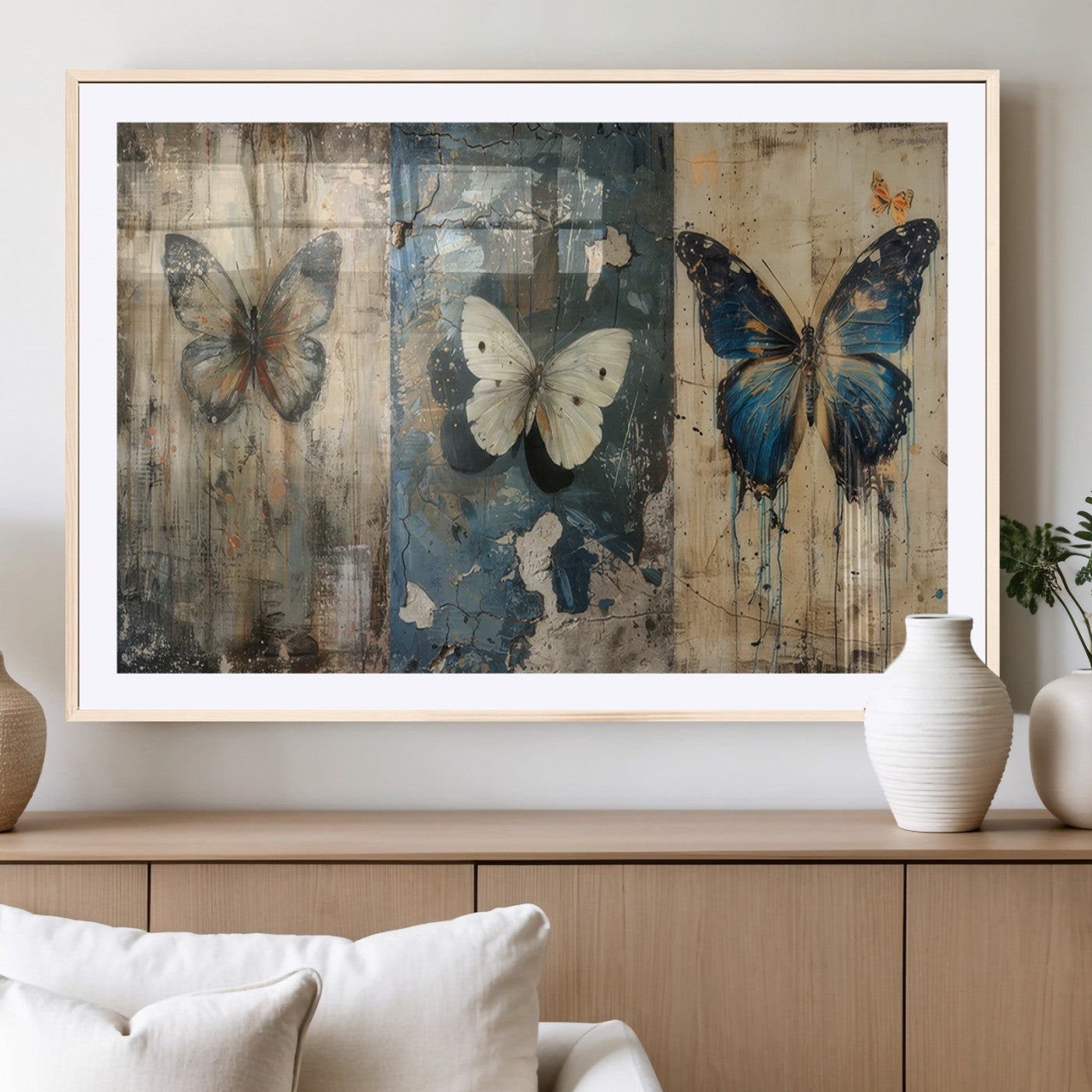 MGC-FP-36x24 - Butterfly Wall Art Trio | Vintage Butterfly Canvas Print | Ready to Hang Framed Artwork for