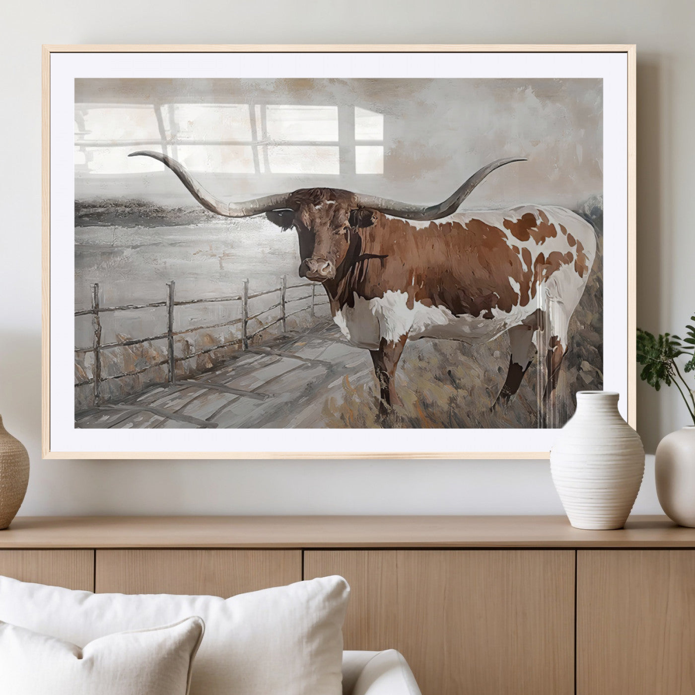 57340-MGC-FP-36x24_Natural-Vintage Texas Cow Wall Art Canvas Print, Rustic Longhorn Wall Art | Canvas Print for Farmhouse Decor