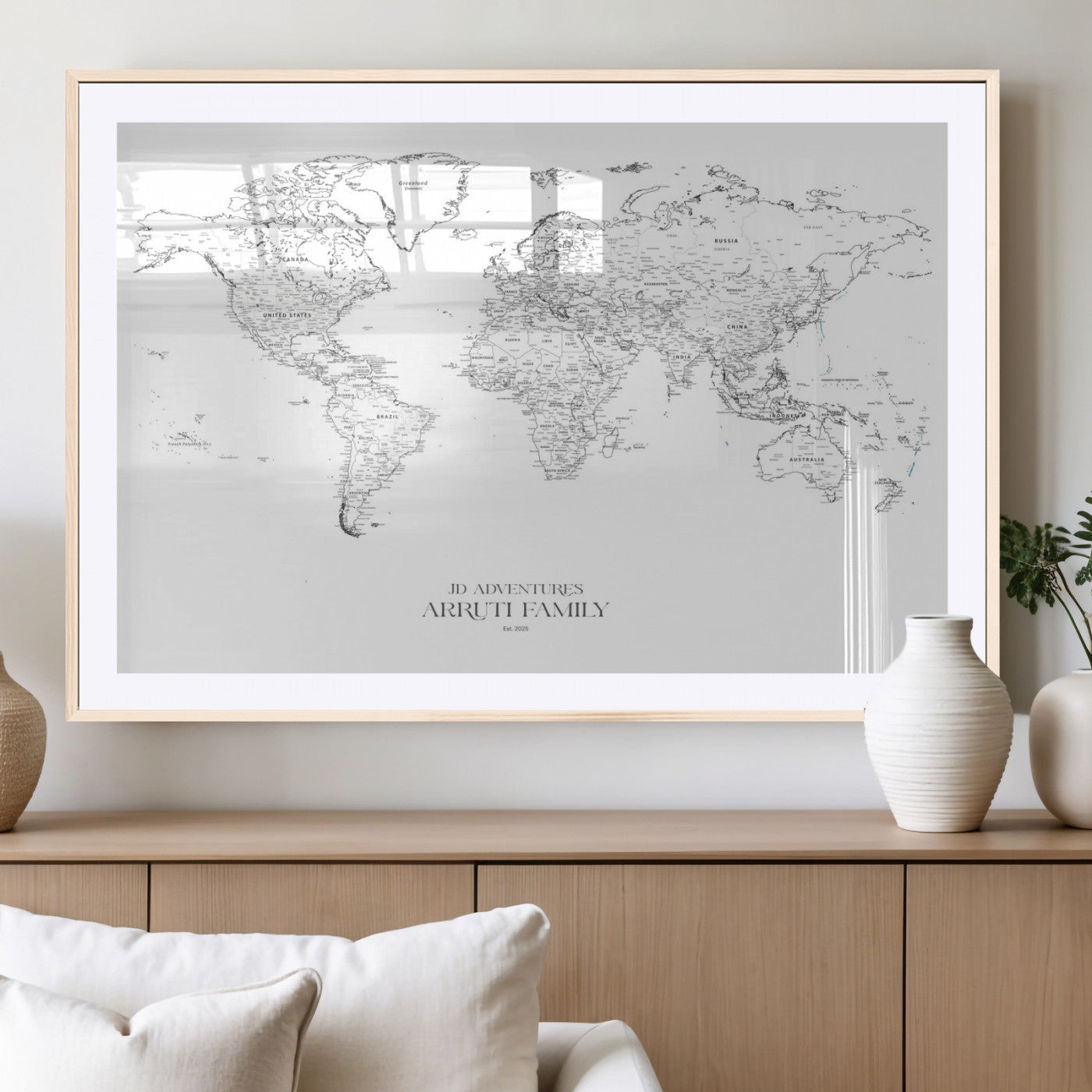 MGC-FP-36x24 - Custom World Map Wall Art – Personalized Framed Canvas Print with Push Pins for Travel Tracking,