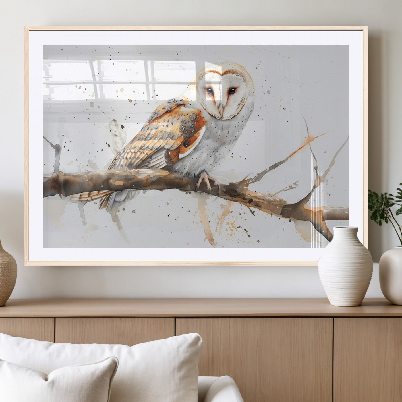 MGC-FP-36x24 - Barn Owl Wall Art on Branch | Stunning Canvas Print for Nature Lovers | Ready to Hang and Framed