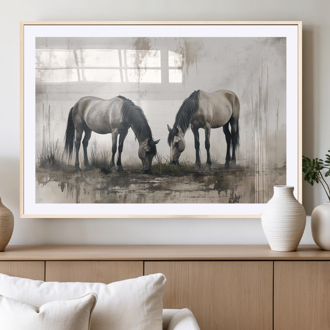 MGC-FP-36x24 - Chines Ink Style Vintage Horses Wall Art Canvas Print for Farmhouse Wall Decor