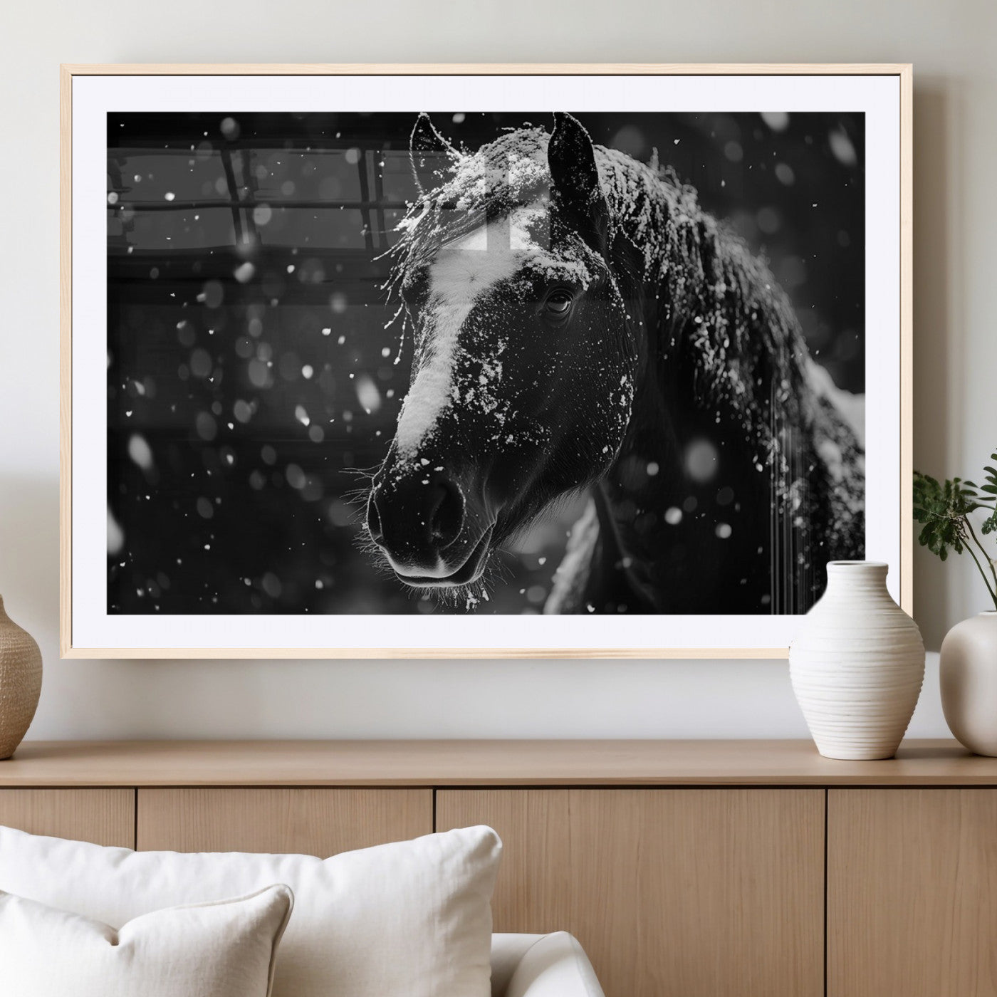 MGC-FP-36x24 - Winter Horse Wall Art | Black and White Horse Print | Ready to Hang and Framed | Farmhouse Wall Art