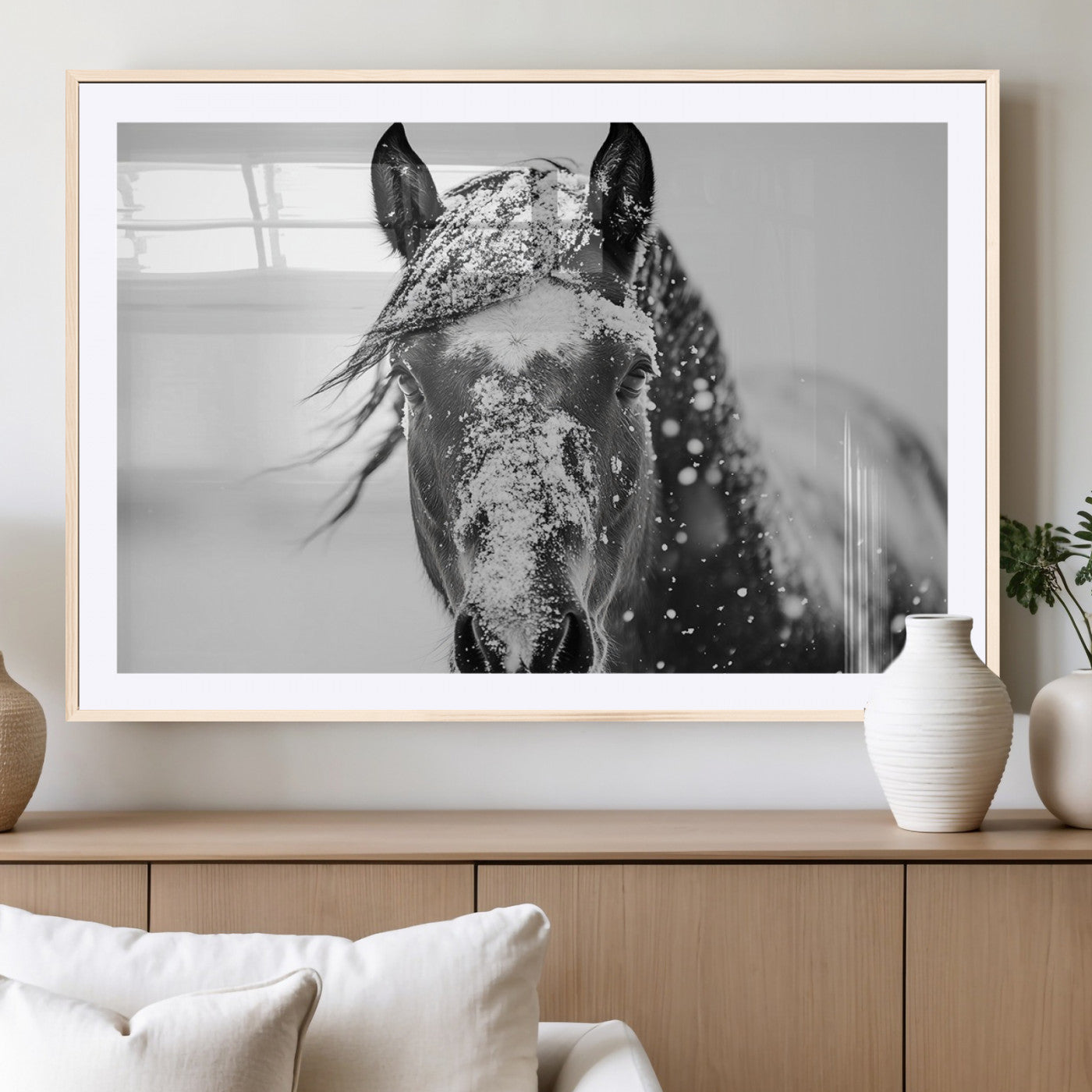 MGC-FP-36x24 - Western Wall Art | Black and White Winter Horse Wall Art | Ready to Hang and Framed | Farmhouse and