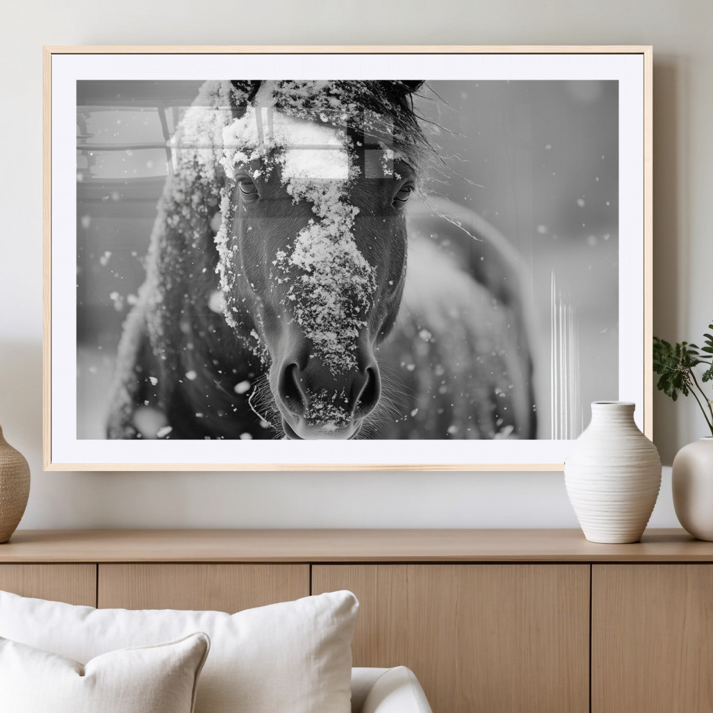 MGC-FP-36x24 - Black and White Horse Winter Wall Art | Ready to Hang and Framed | Farmhouse Wall Decor | Western
