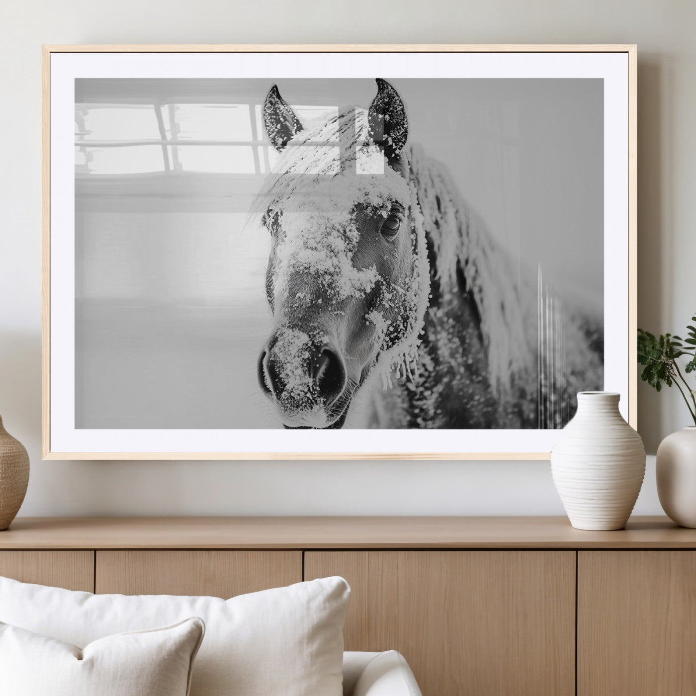MGC-FP-36x24 - White Horse Wall Art | Ready to Hang and Framed | Winter Horse Wall Art Print for Farmhouse and