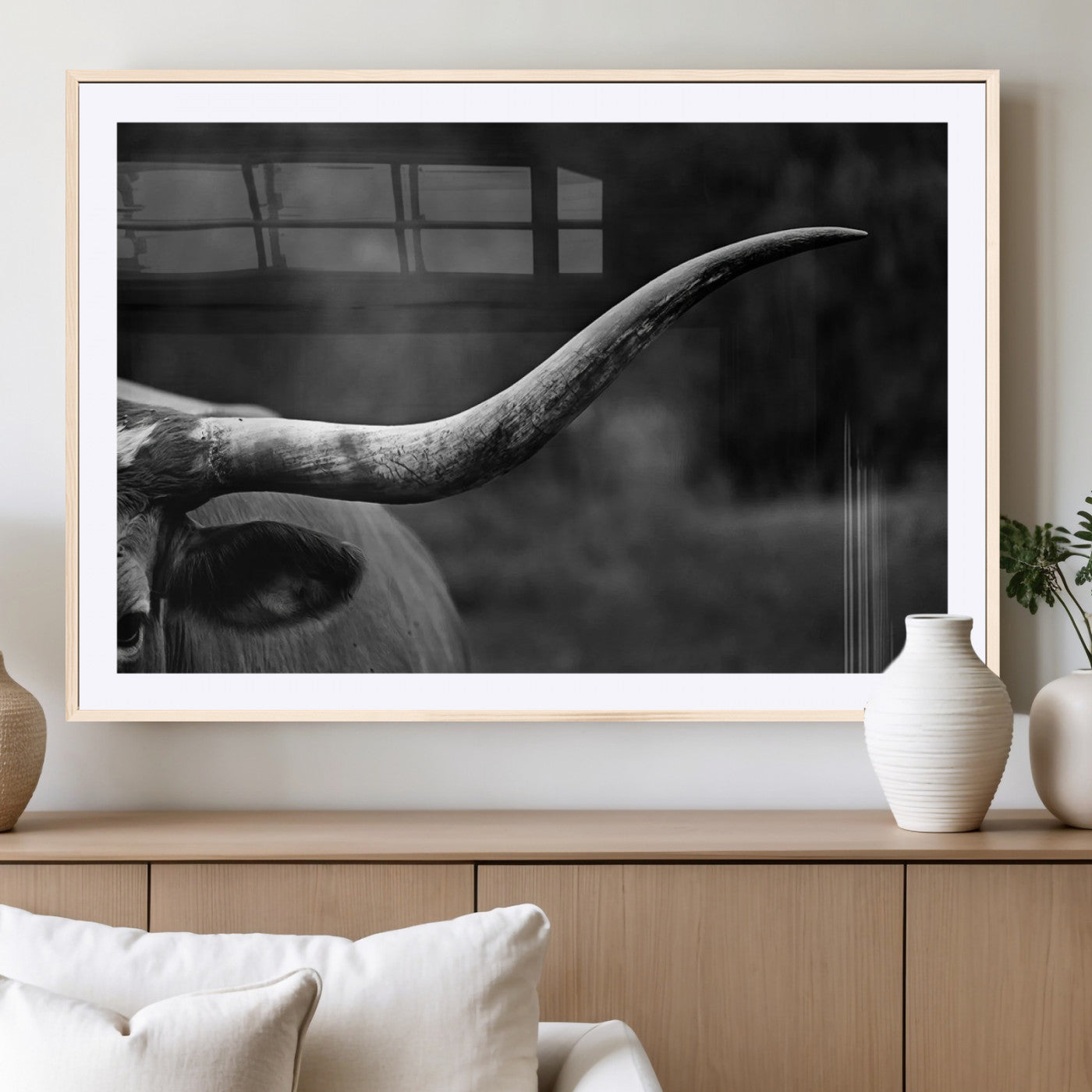 MGC-FP-36x24 - Cow Longhorn Wall Art | Black and White Print | Ready to Hang and Framed | Farmhouse Wall Decor |