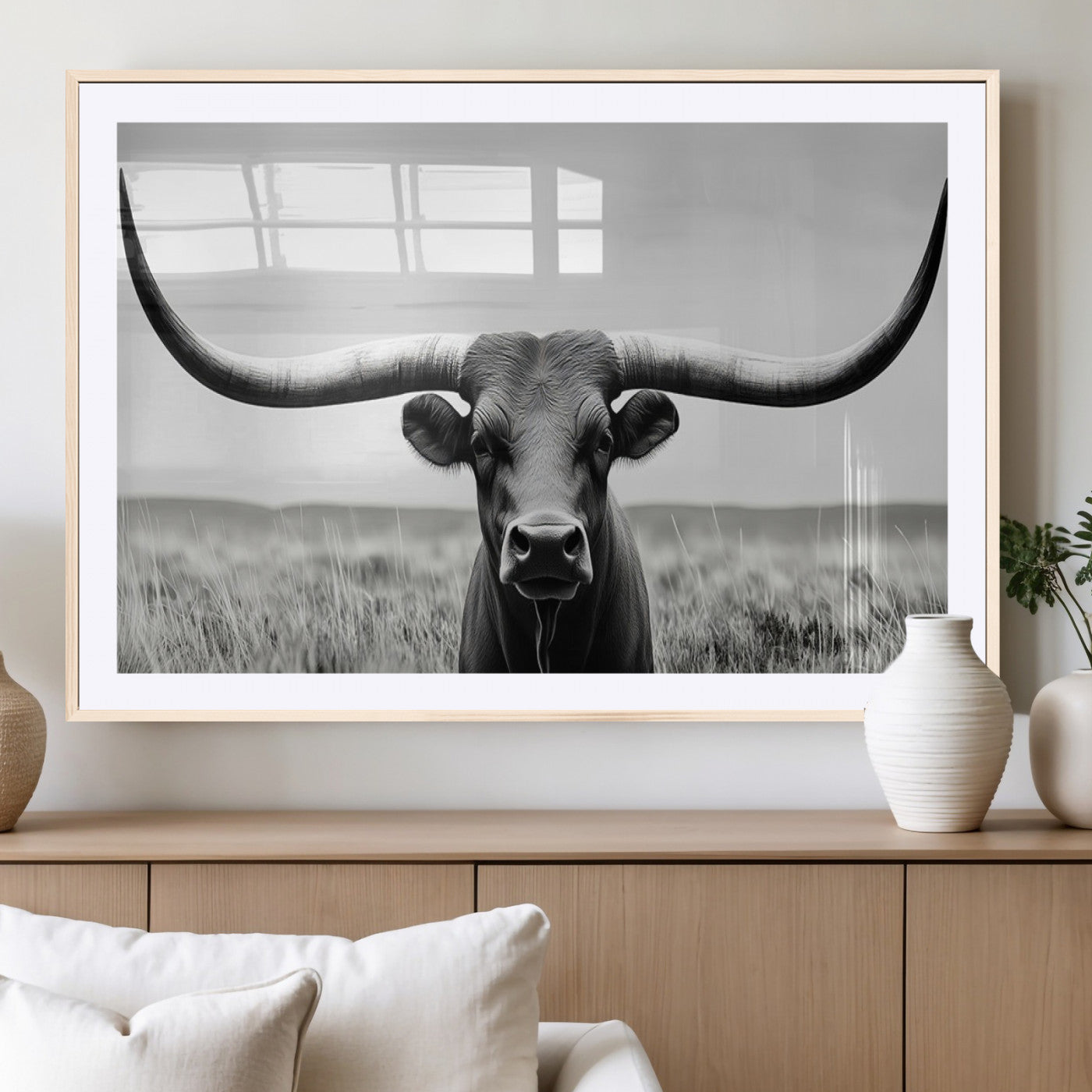-Longhorn Bull Canvas Print | Rustic Farmhouse Wall Art | Western Decor | Ready to Hang and Framed