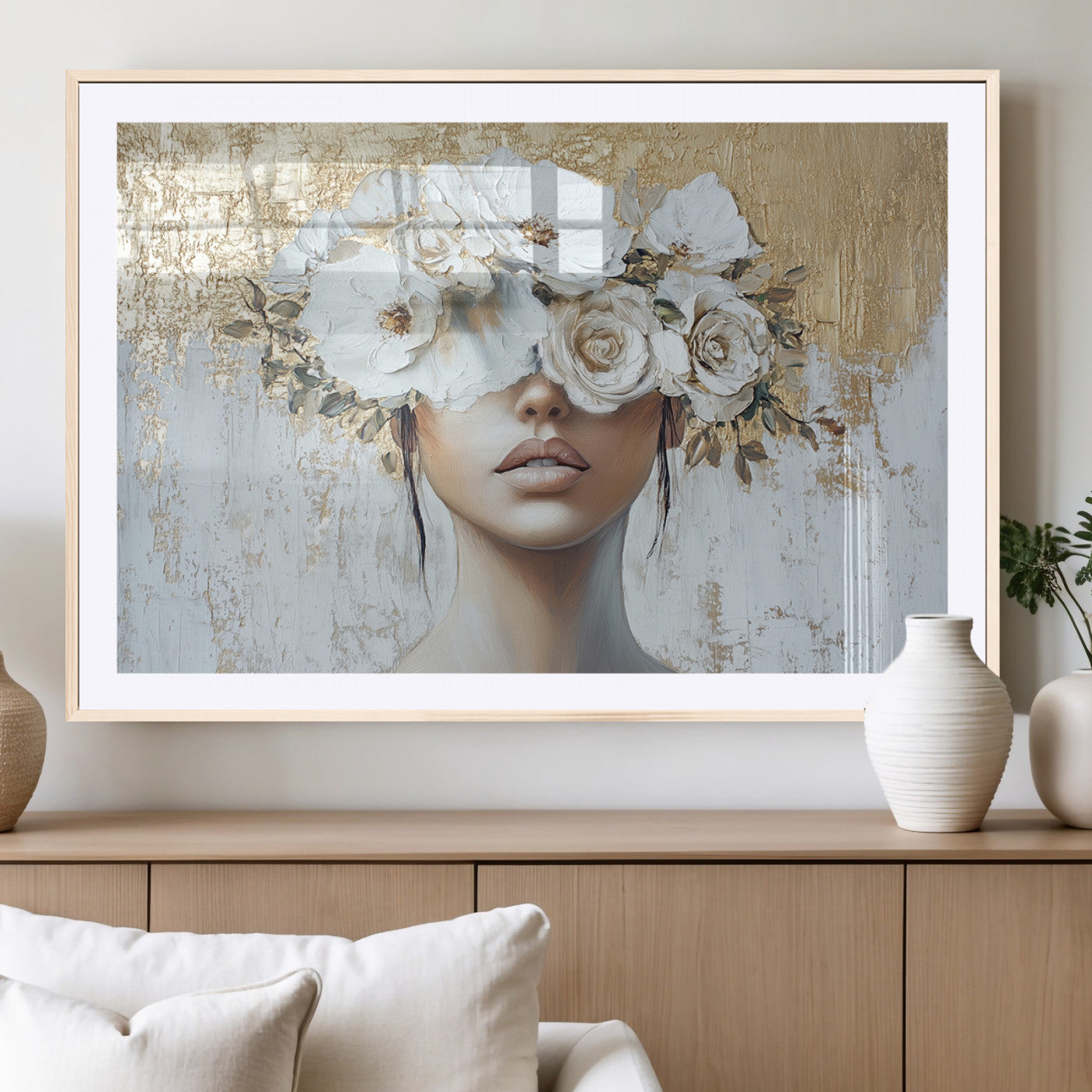 MGC-FP-36x24 - Golden Petal Wall Art - Canvas Print Flower Head Woman Painting Floral Woman Portrait Wall Decor,