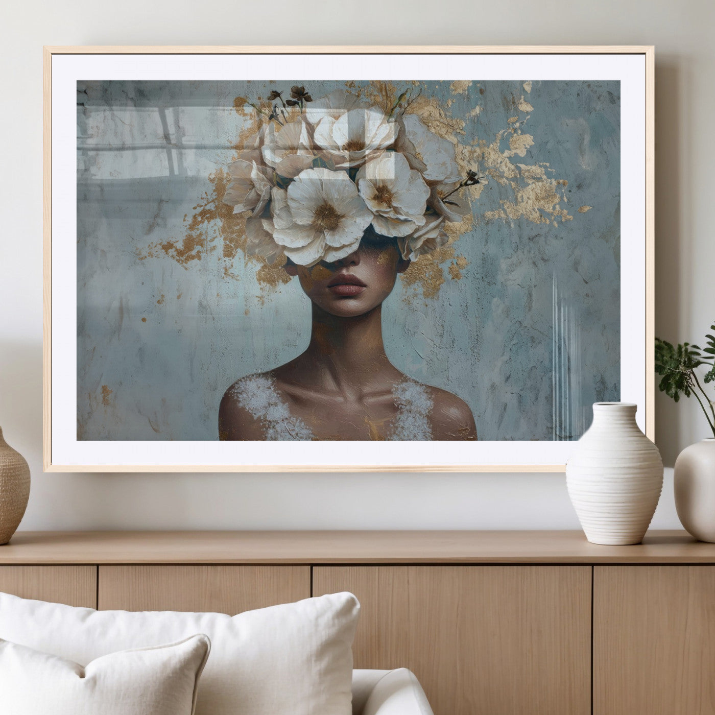 MGC-FP-36x24 - Golden Petal Wall Art - Petal Silhouette Woman Wall Art Canvas Print | Large 3-Panel Canvas with