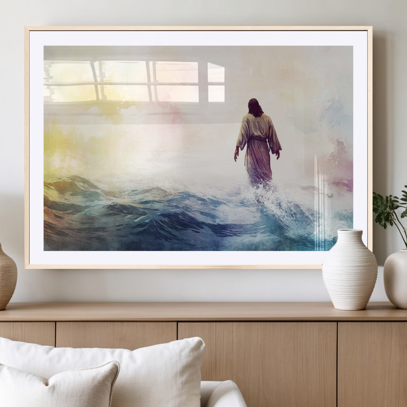 MGC-FP-36x24 - Watercolor Jesus Walking on Water Canvas Print, Christian Wall Art, Jesus Christ Walking