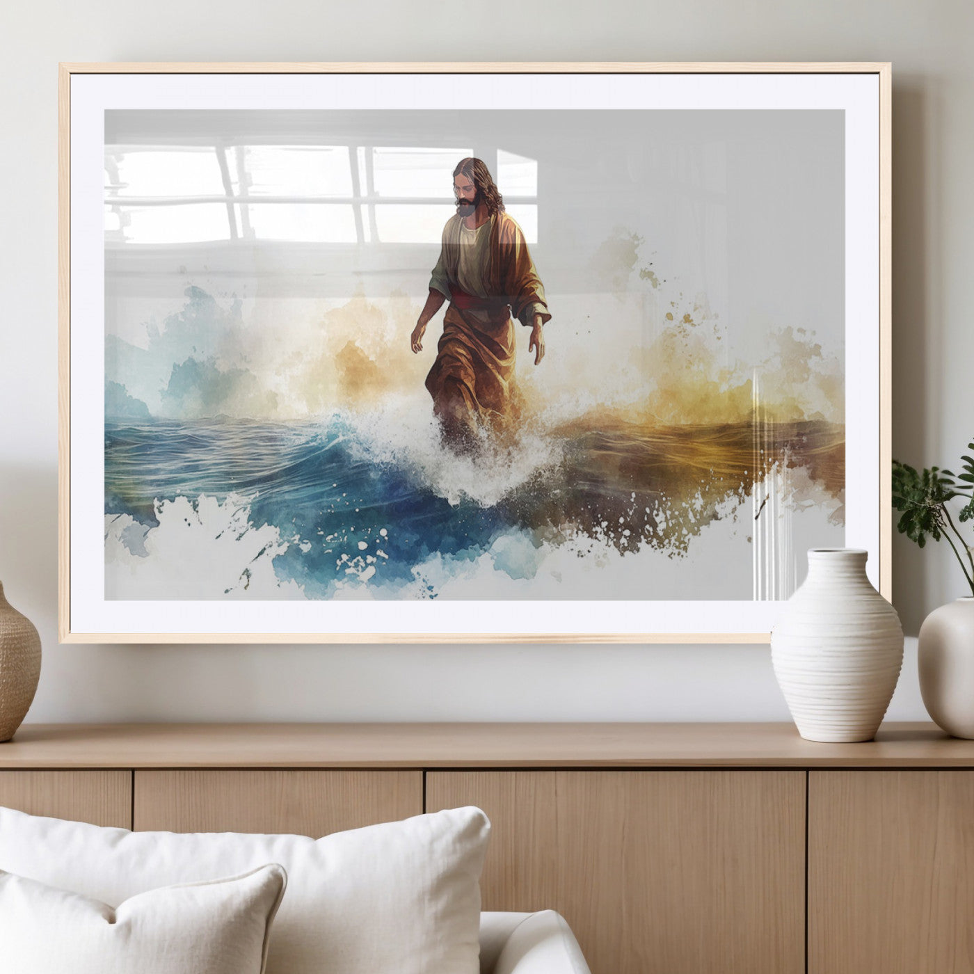 MGC-FP-36x24 - Watercolor Jesus Walking Wall Art Print, Jesus Water Canvas Print, Christian Wall Art, Jesus Christ