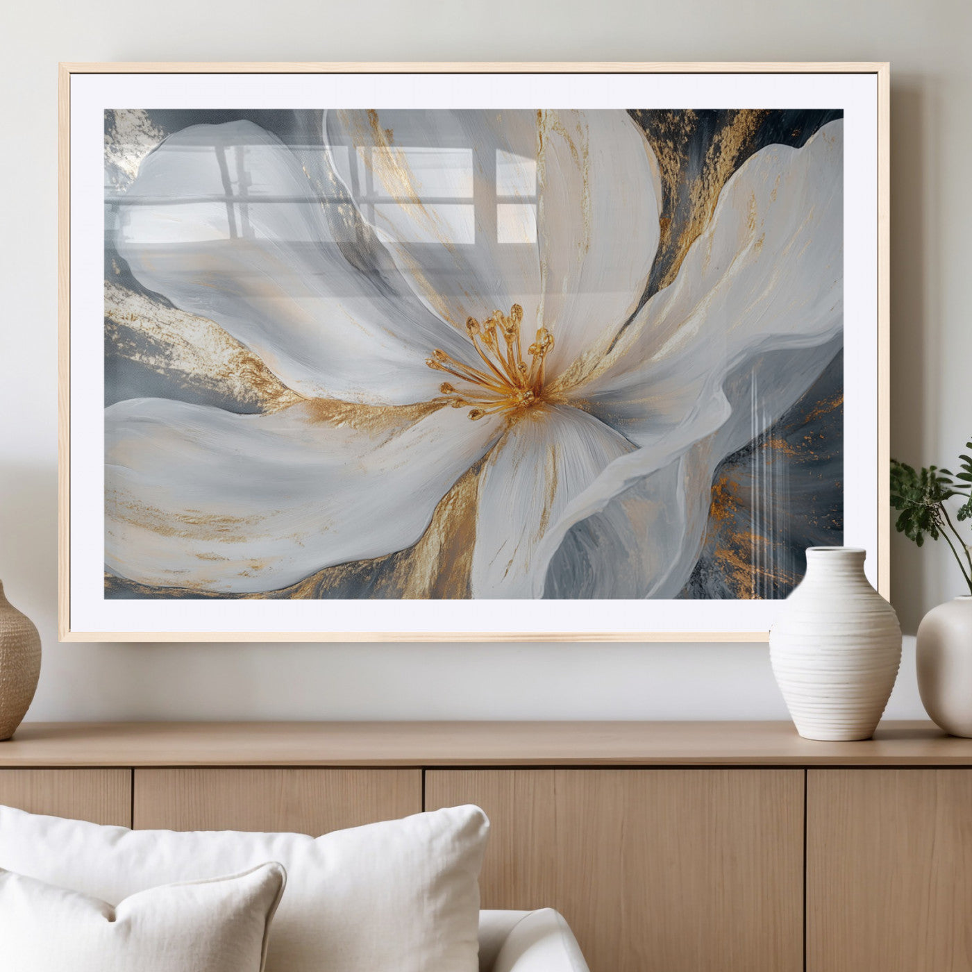 MGC-FP-36x24 - White and Gold Floral Canvas Wall Art - Framed and Ready to Hang - Perfect for Modern Living Rooms