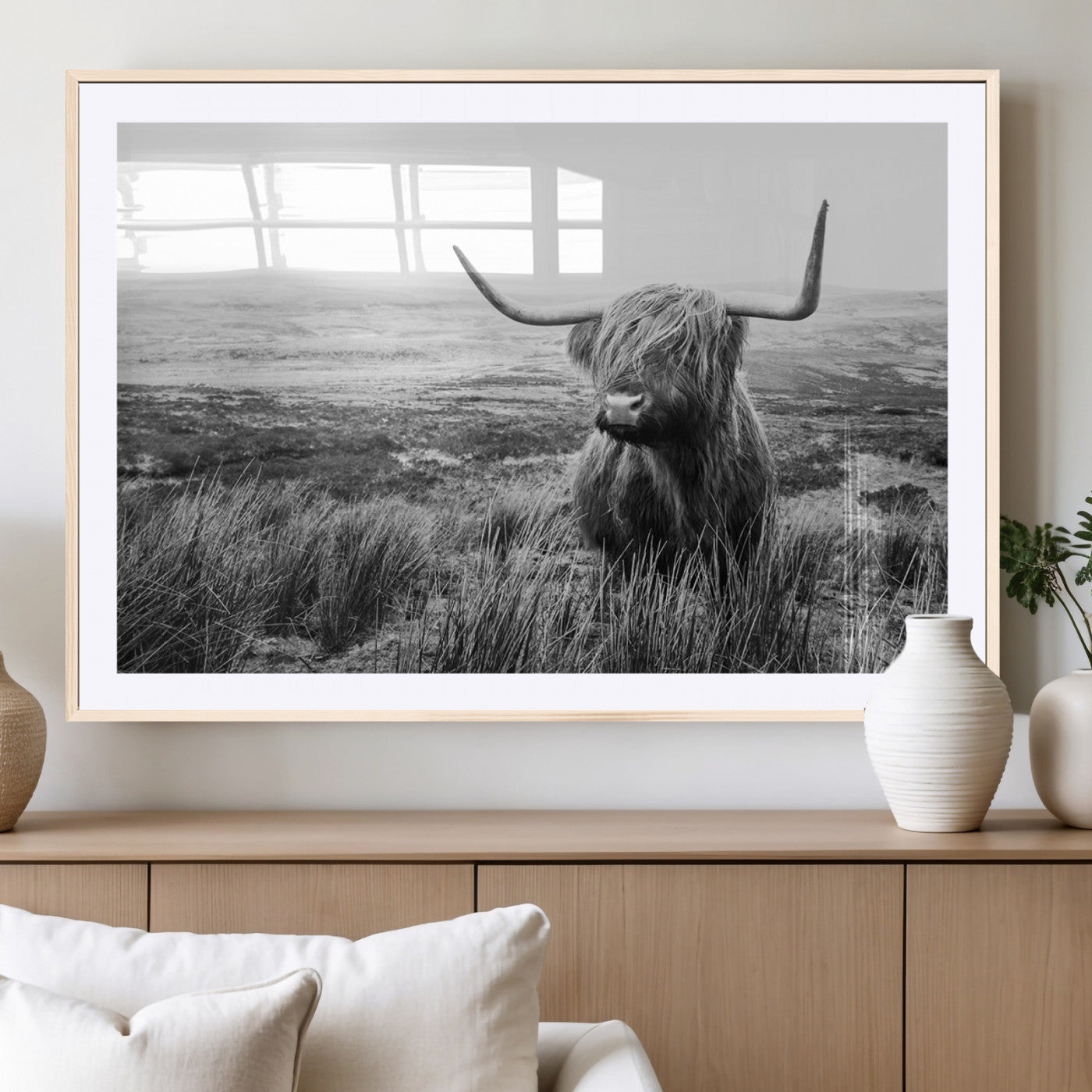 MGC-FP-36x24 - Scottish Highland Cow Wall Art | Black and White Canvas Print | Ready to Hang and Framed | Rustic
