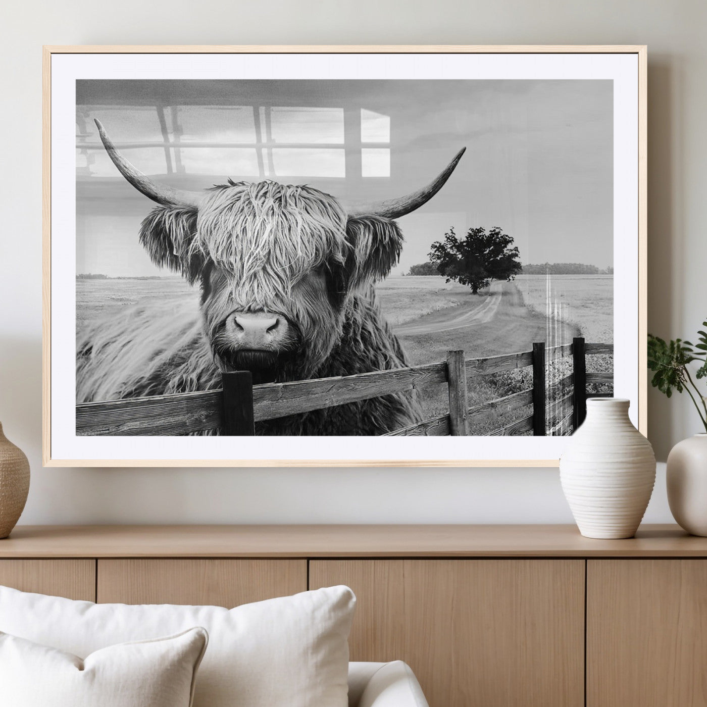MGC-FP-36x24 - Scottish Highland Cow Wall Art | Rustic Farmhouse Décor | Black and White Ready to Hang Canvas Print