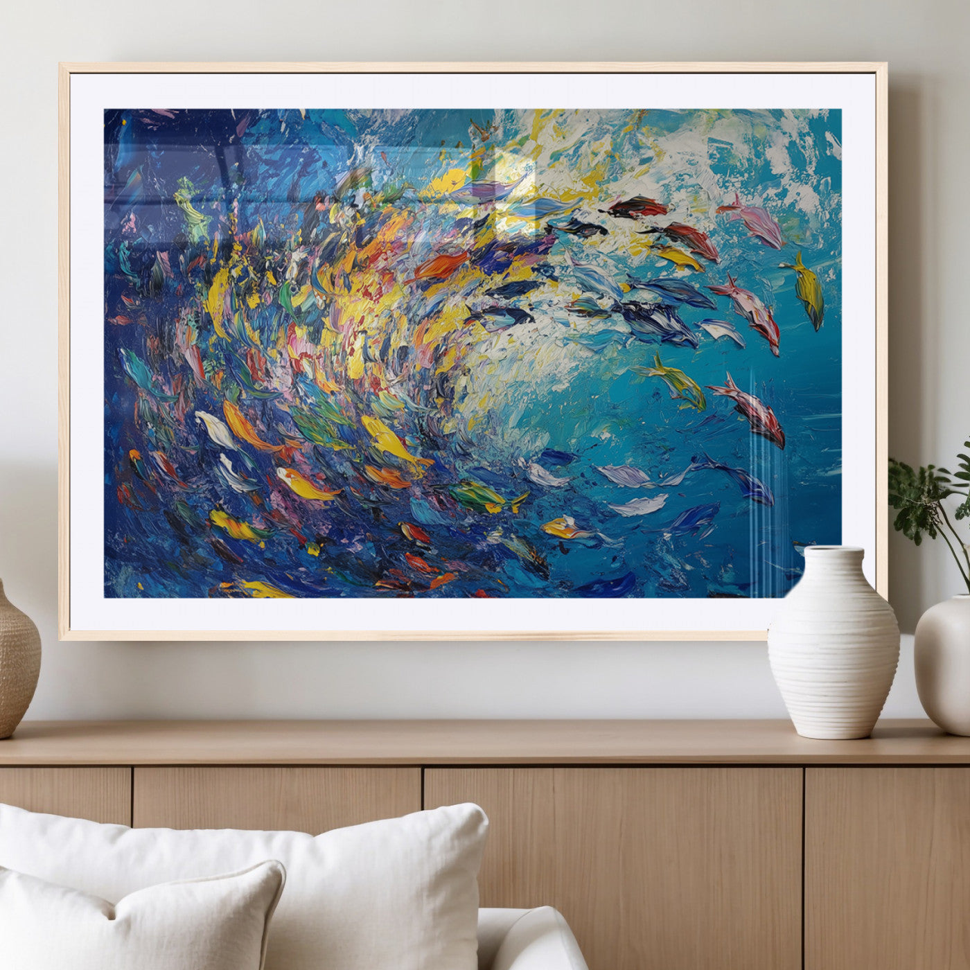 MGC-FP-36x24 - Colorful Swirling Fish School Wall Art Canvas Print | Oceanic Abstract Painting | Ready to Hang |