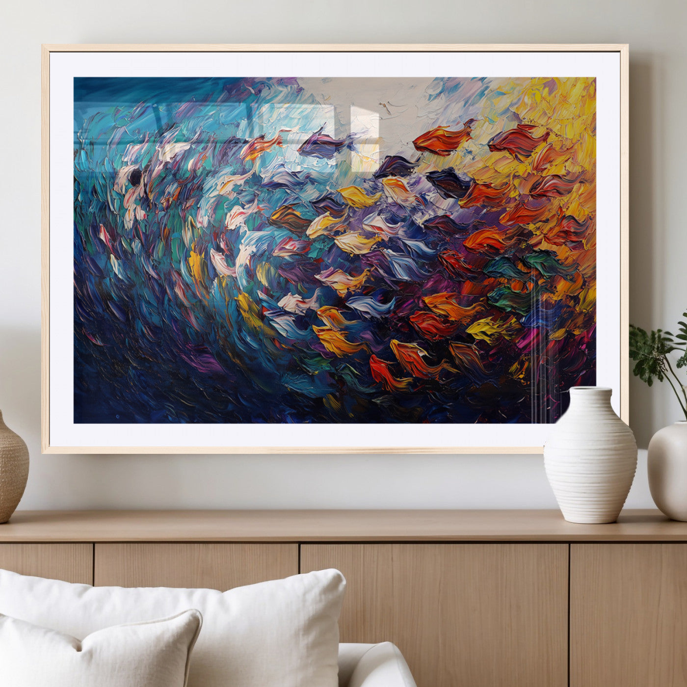 MGC-FP-36x24 - Vibrant Abstract Fish Swarm Art – Colorful Fish Inspired 3-Piece Canvas Wall Art for Living Room or