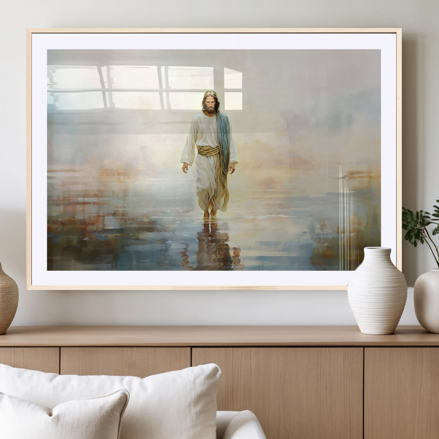 MGC-FP-36x24 - Framed Jesus Walking on Water Wall Art - 3-Panel Christian Canvas Prints, Religious Artwork for