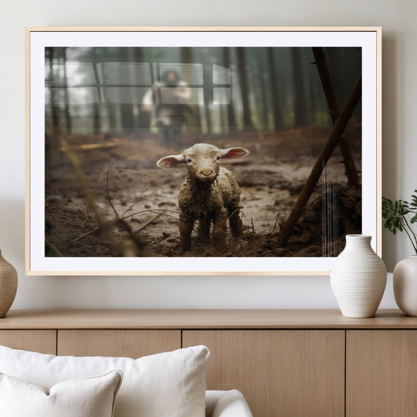 MGC-FP-36x24 - Jesus Running After a Lost Lamb Canvas Wall Art Print