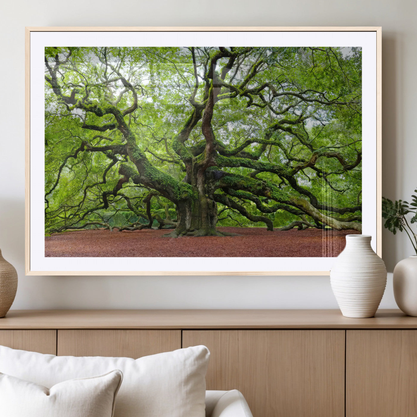 MGC-FP-36x24 - Framed Angel Oak Tree Wall Art - 3-Panel Canvas Prints, Large Green Nature Artwork, Ready to Hang