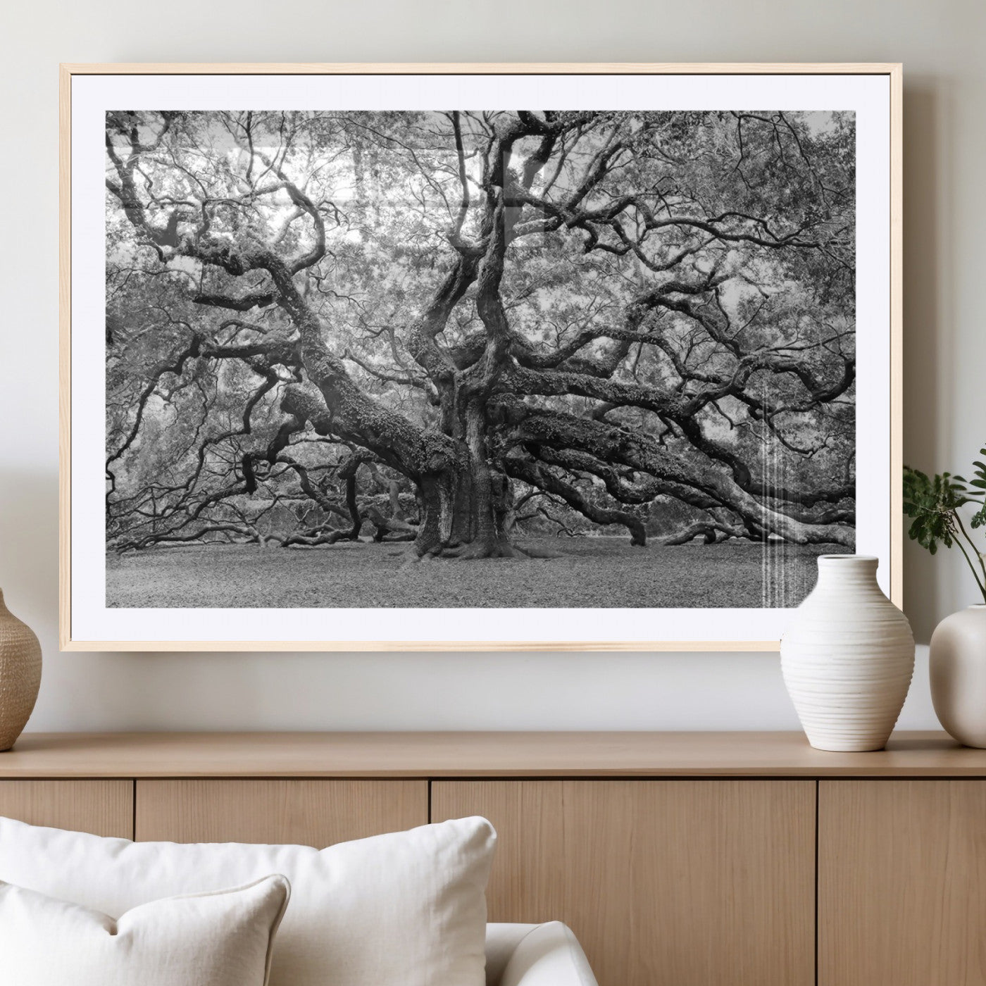 MGC-FP-36x24 - Black White Angel Oak Tree Wall Art - Timeless Nature-Inspired Canvas for Rustic, Modern, or