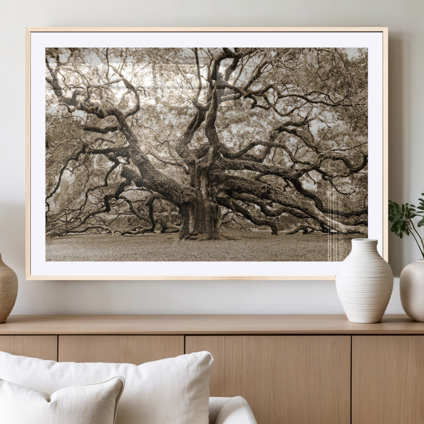 51126-MGV-CV-36X24-Sepia Framed Angel Oak Tree Wall Art - 3-Panel Canvas Prints, Large Green Nature Artwork, Ready to