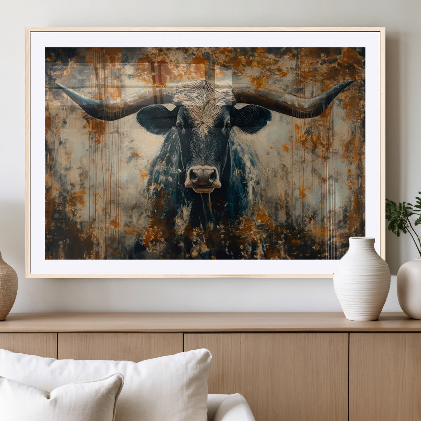 MGC-FP-36x24 - Abstract Longhorn Bull Wall Art | Rustic Western Wall Decor | Framed and Ready to Hang | Ideal for