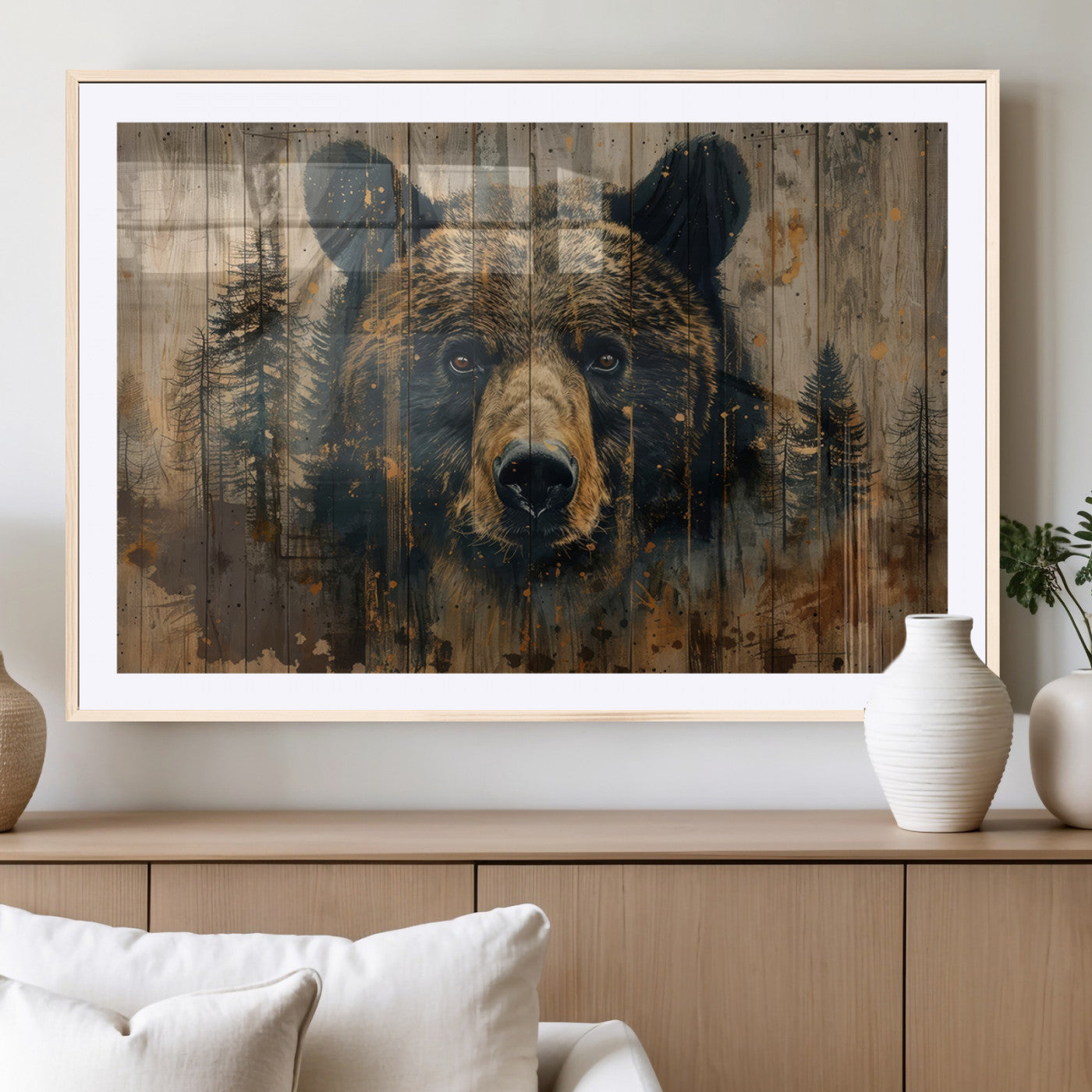MGC-FP-36x24 - Abstract 399 Bear Wall Art | Rustic Cabin Wall Decor with Forest Design | Framed and Ready to Hang |