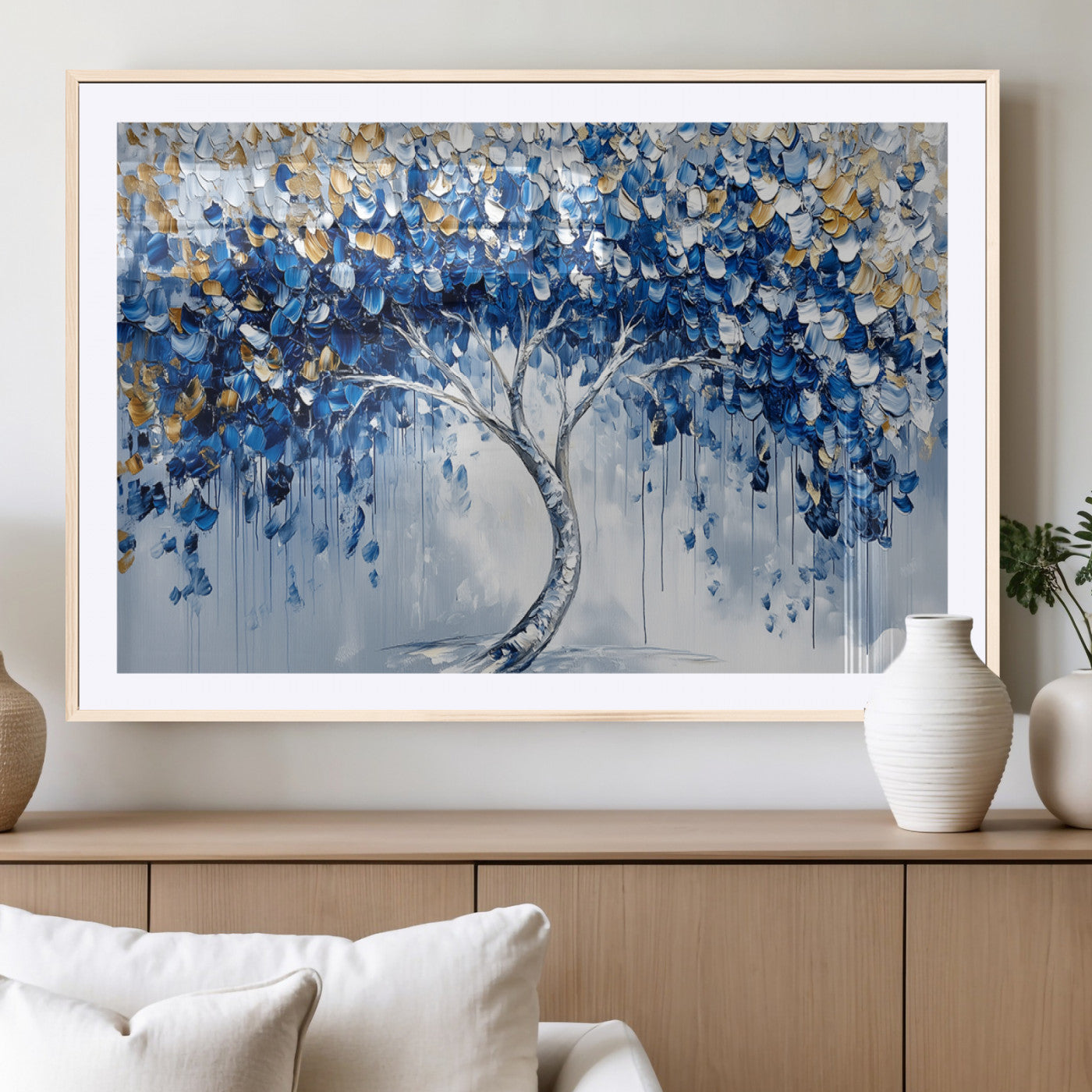 MGC-FP-36x24 - Blue and Gold Abstract Tree Wall Art Canvas Print | Modern Tree of Life Painting | Framed Canvas