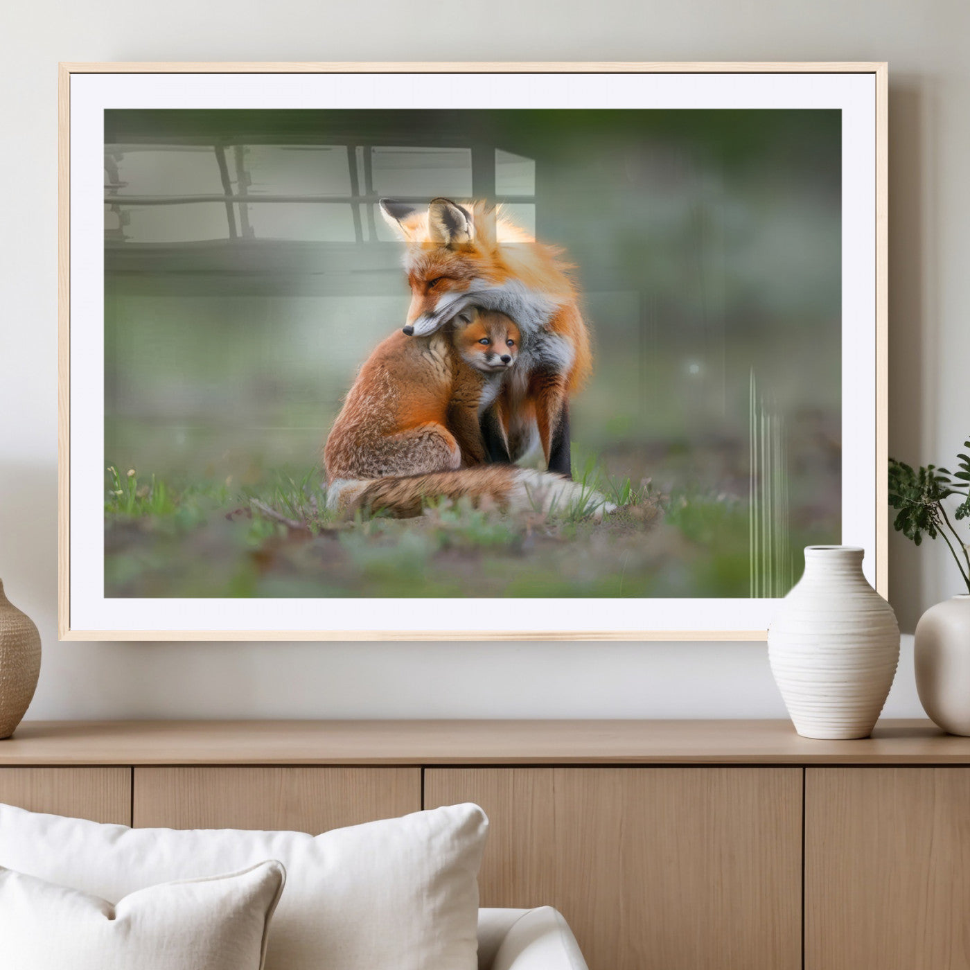MGC-FP-36x24 - Heartwarming Fox and Baby Cub Wall Art | Ready to Hang Canvas Print of Foxes in Nature | Perfect for