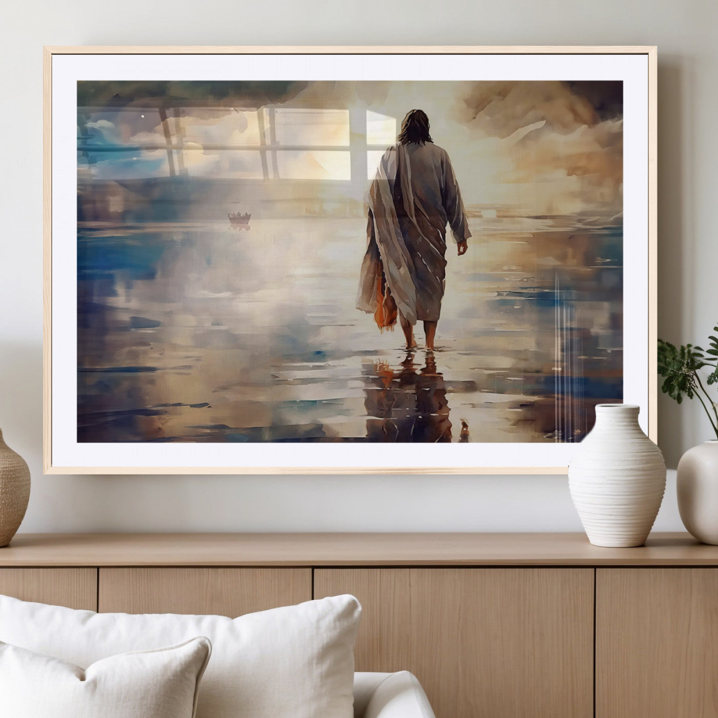 MGC-FP-36x24 - Jesus Walking on Water Wall Art | Ready to Hang Spiritual Triptych Canvas Print | Inspirational