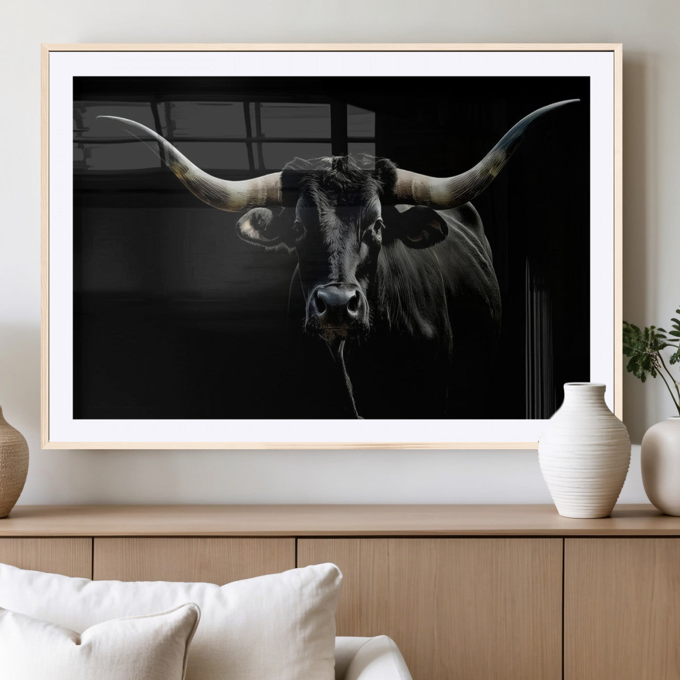 MGC-FP-36x24 - Texas Black Longhorn Bull Wall Art Canvas Print - Western Texas Cattle Rustic Decor Print - Longhorn