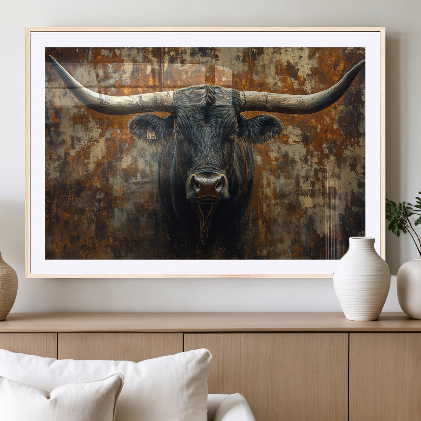 MGC-FP-36x24 - Longhorn Texas Cow Bull Wall Art | Rustic Farmhouse Canvas Print | Ready to Hang Barn Decor for