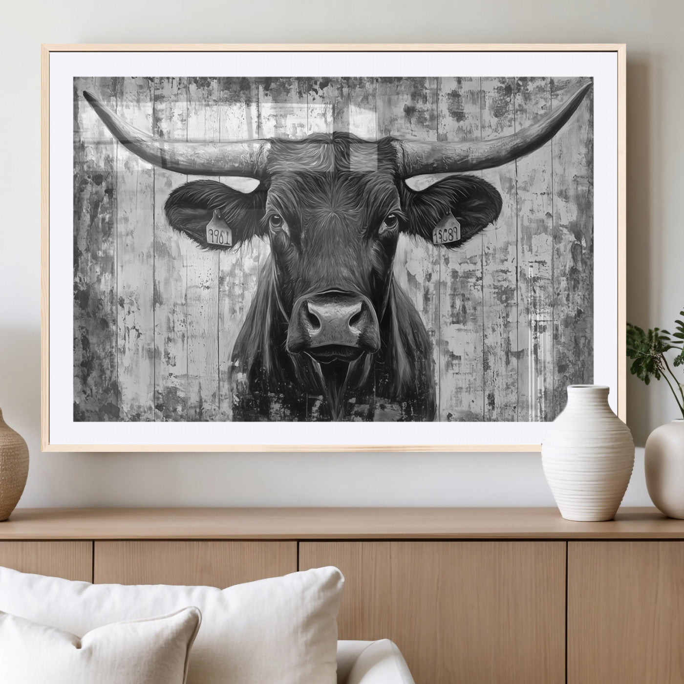 MGC-FP-36x24 - Abstract Longhorn Bull Wall Art Canvas Print - Rustic Texas Western Cow Artwork