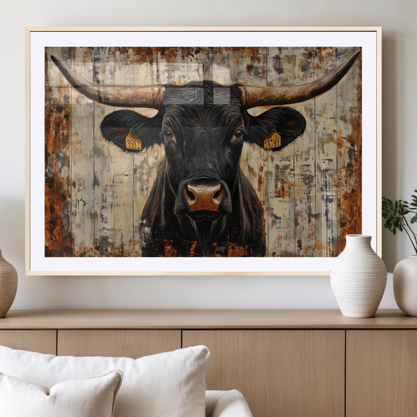 MGC-FP-36x24 - Rustic Texas Artwork Wall Art Canvas Print - Abstract Cow Longhorn Bull Wall Art Canvas Print