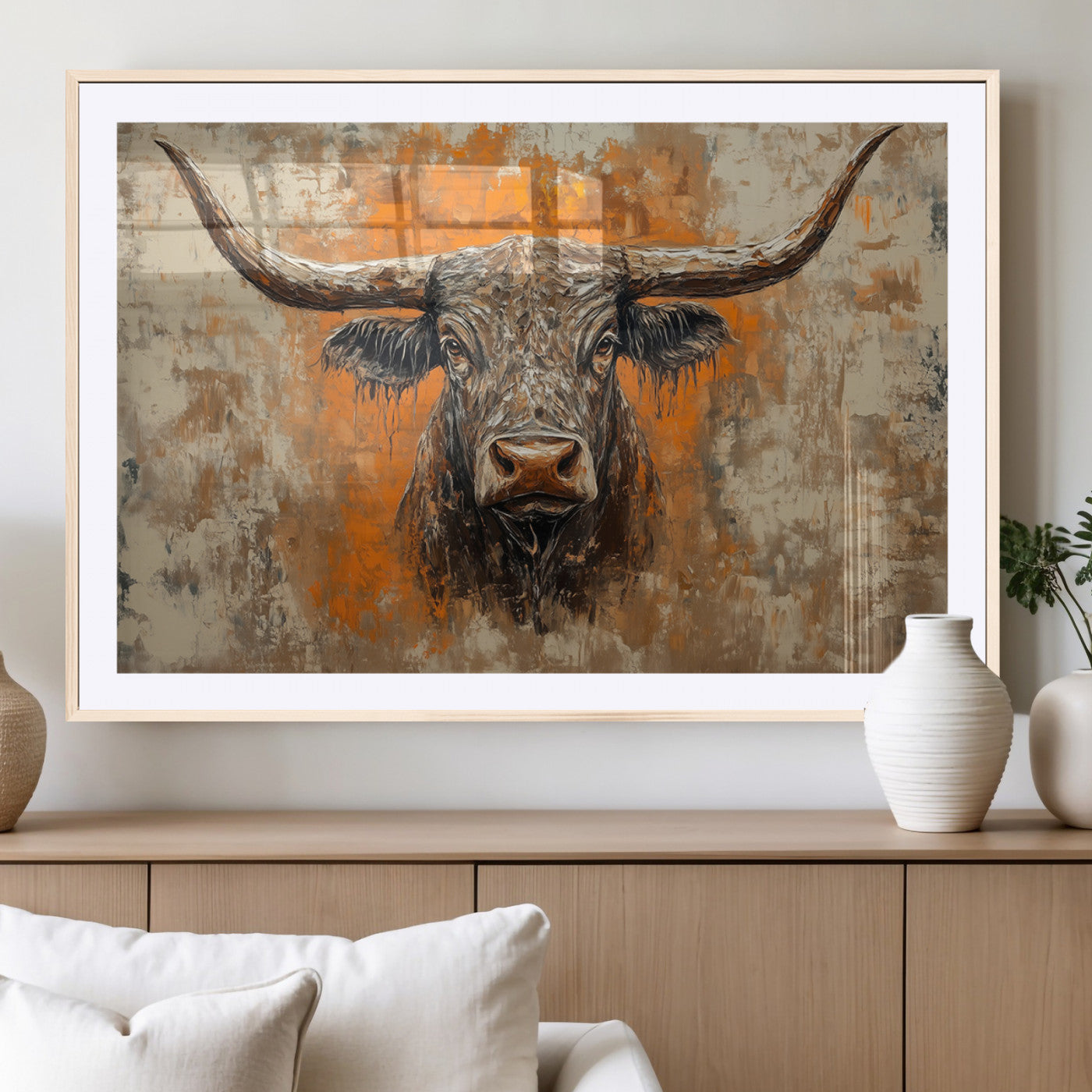 MGC-FP-36x24 - Abstract Cow Longhorn Bull Wall Art Canvas Print - Rustic Texas Western Cattle Artwork