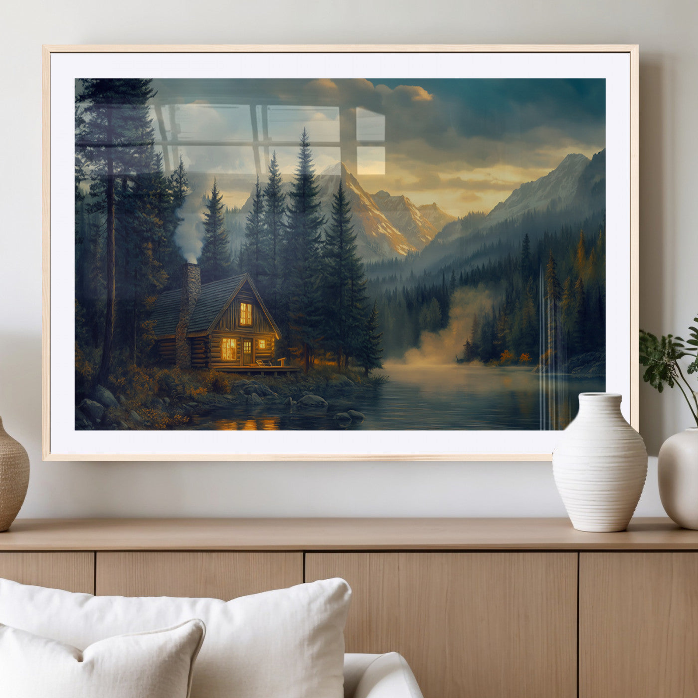 MGC-FP-36x24 - Mountain Cabin by the Lake at Sunset Wall Art - Serene Nature Canvas Print for Living Room Decor,