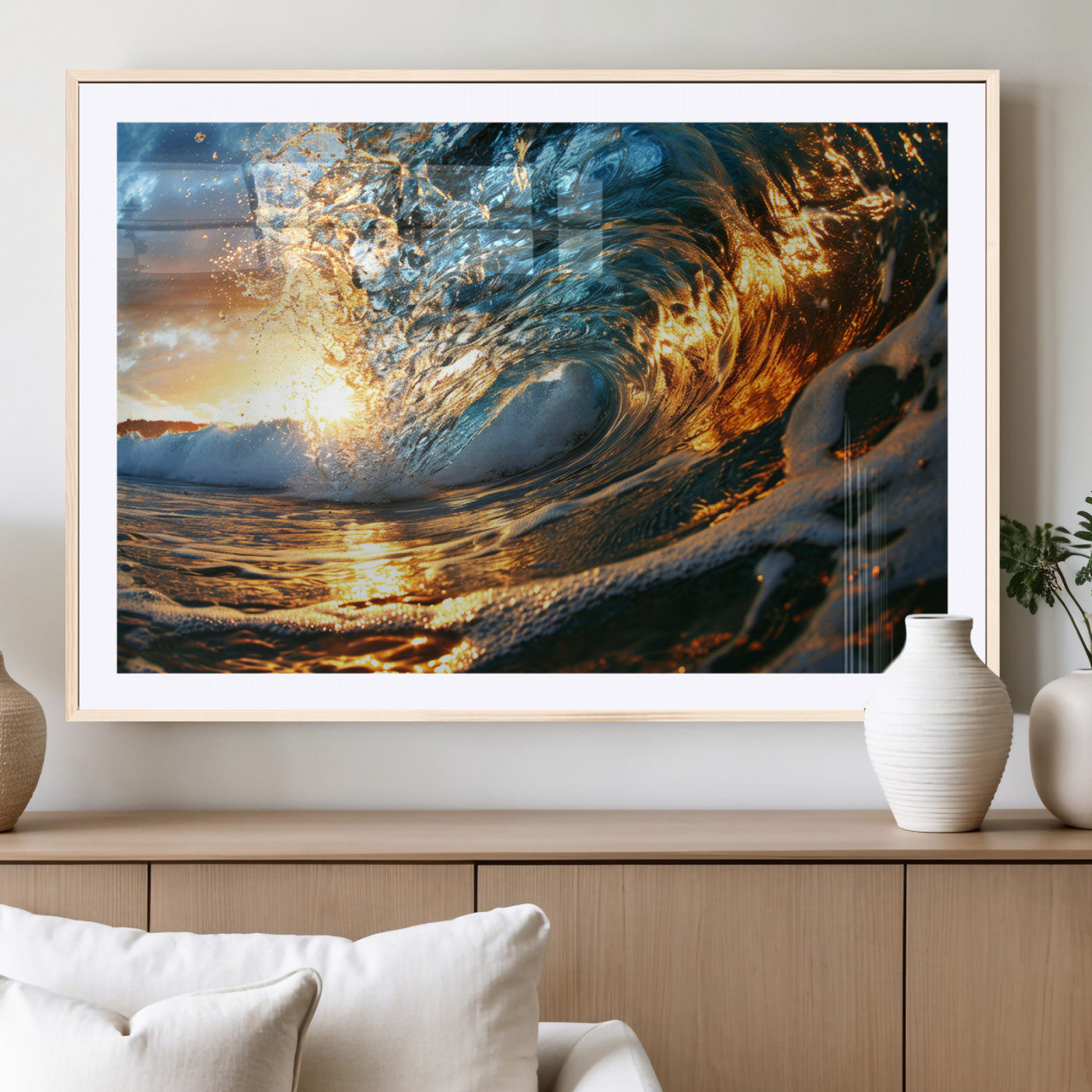 MGC-FP-36x24 - Ocean Wave at Sunset Canvas Wall Art – Vibrant Coastal Beach Waves Print, Large Nautical Decor,