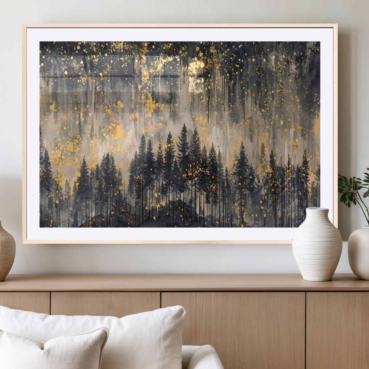 MGC-FP-36x24 - Golden Forest Abstract Wall Art | Dark Forest with Gold Splatter Accents | Triptych Ready to Hang