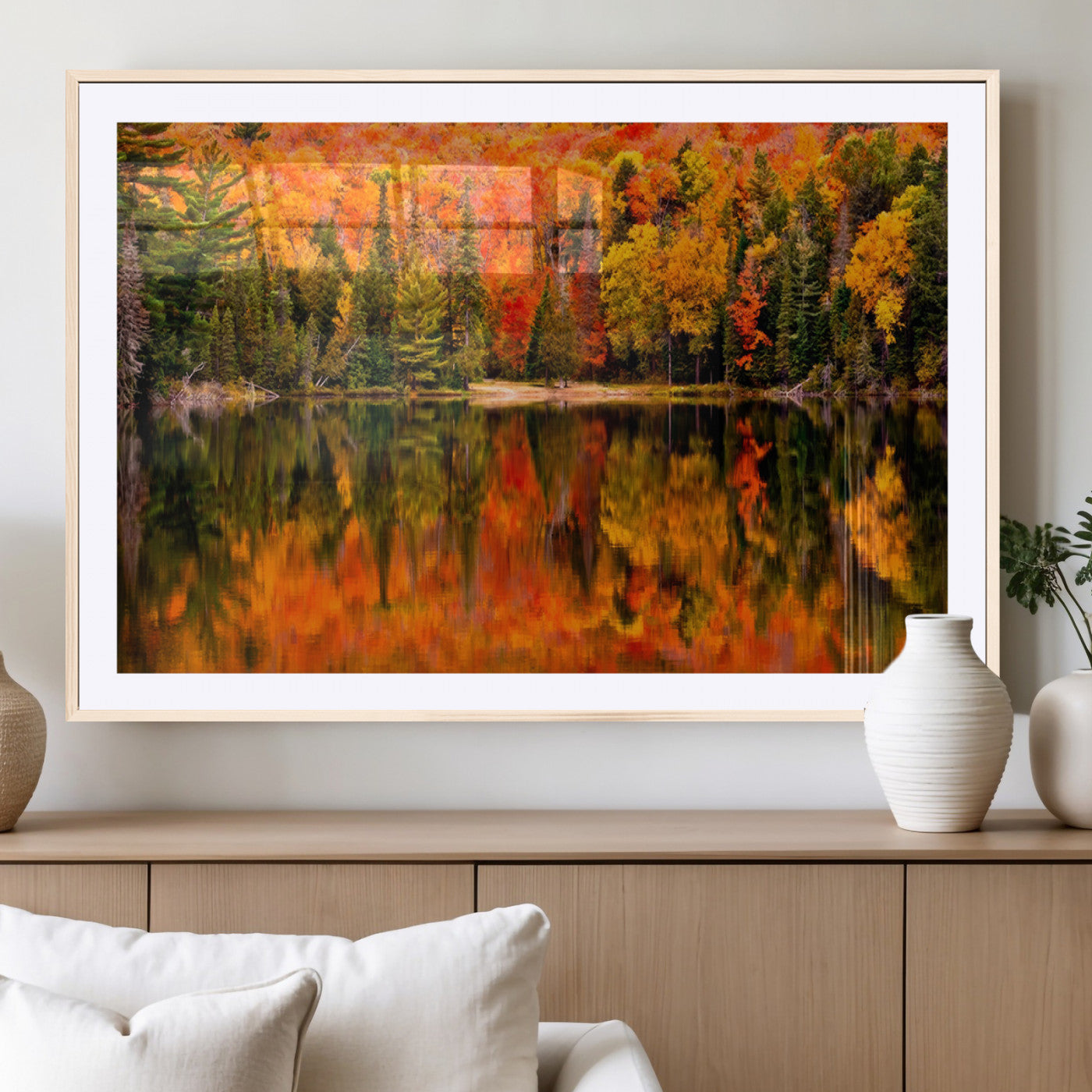 MGC-FP-36x24 - Forest Reflection Art | Autumn Forest Reflection Wall Art | Triptych Canvas Print | Vibrant Fall