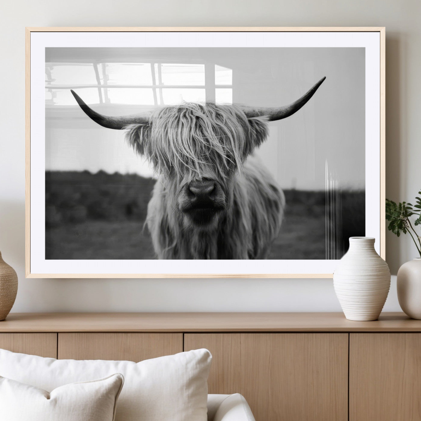 MGC-FP-36x24 - Highland Cow Wall Art | Black and White Farmhouse Decor | Triptych Canvas Print | Rustic Barn Decor
