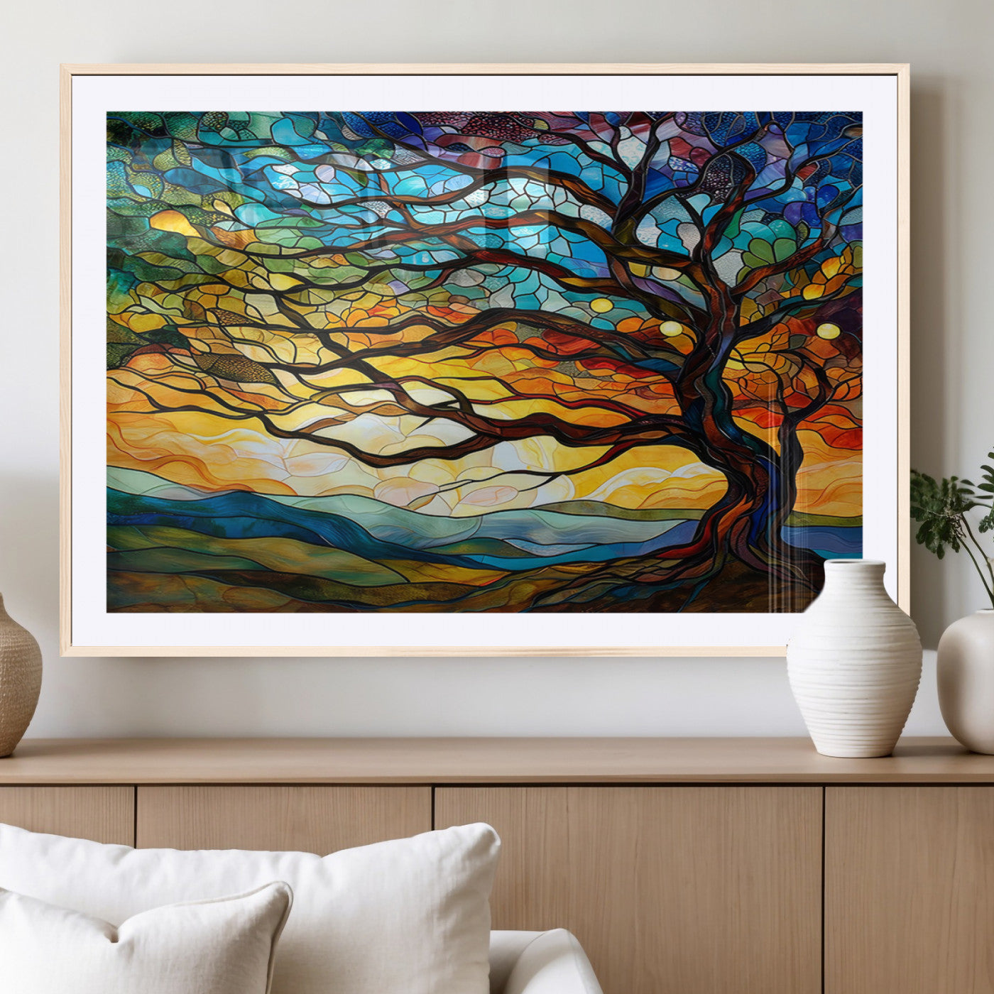 MGC-FP-36x24 - Vibrant Mosaic Tree of Life Wall Art | Stained Glass Style Canvas Print | Ready to Hang Artistic